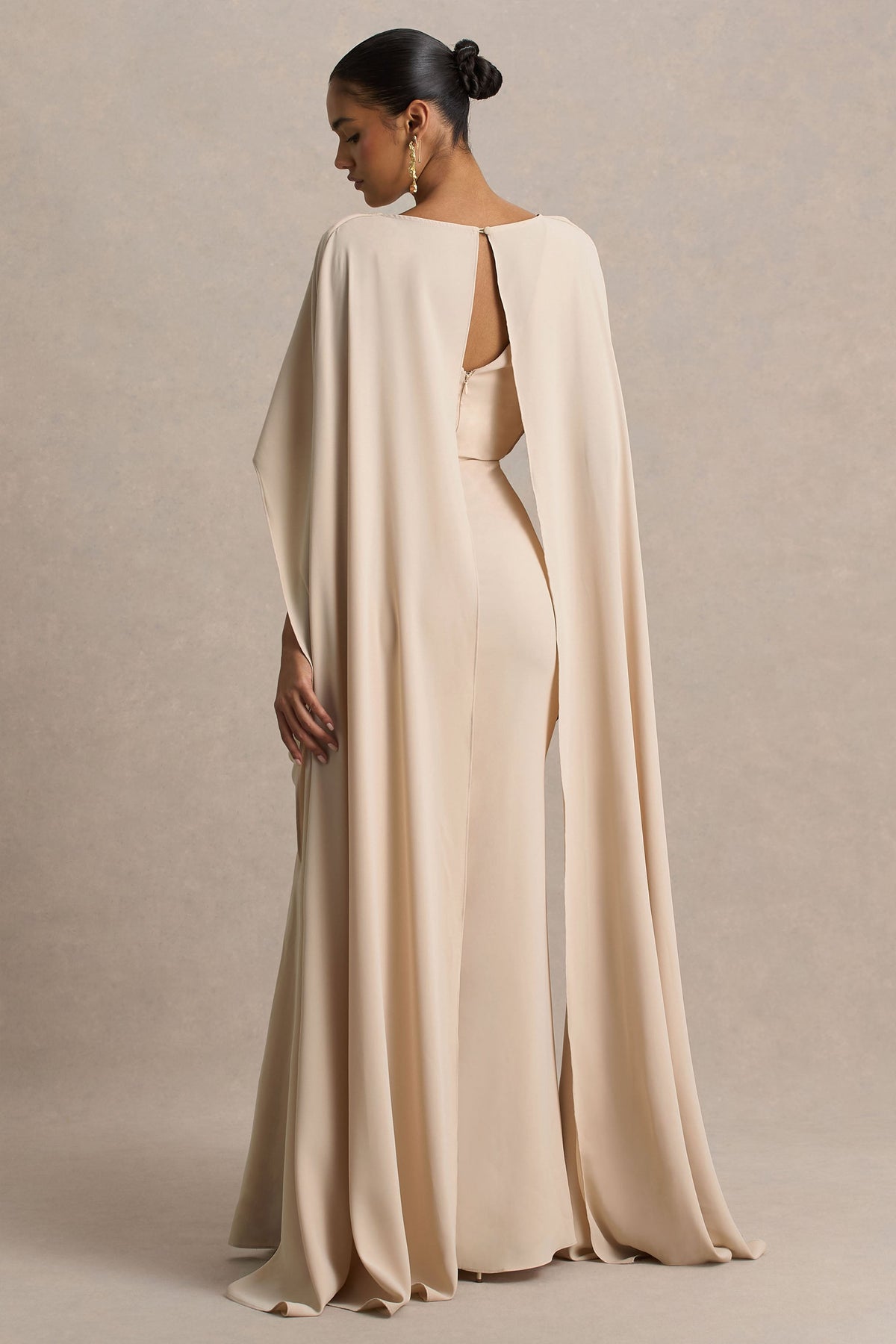 Pristina | Sand Boat-Neck Woven Maxi Dress With Cape Detail