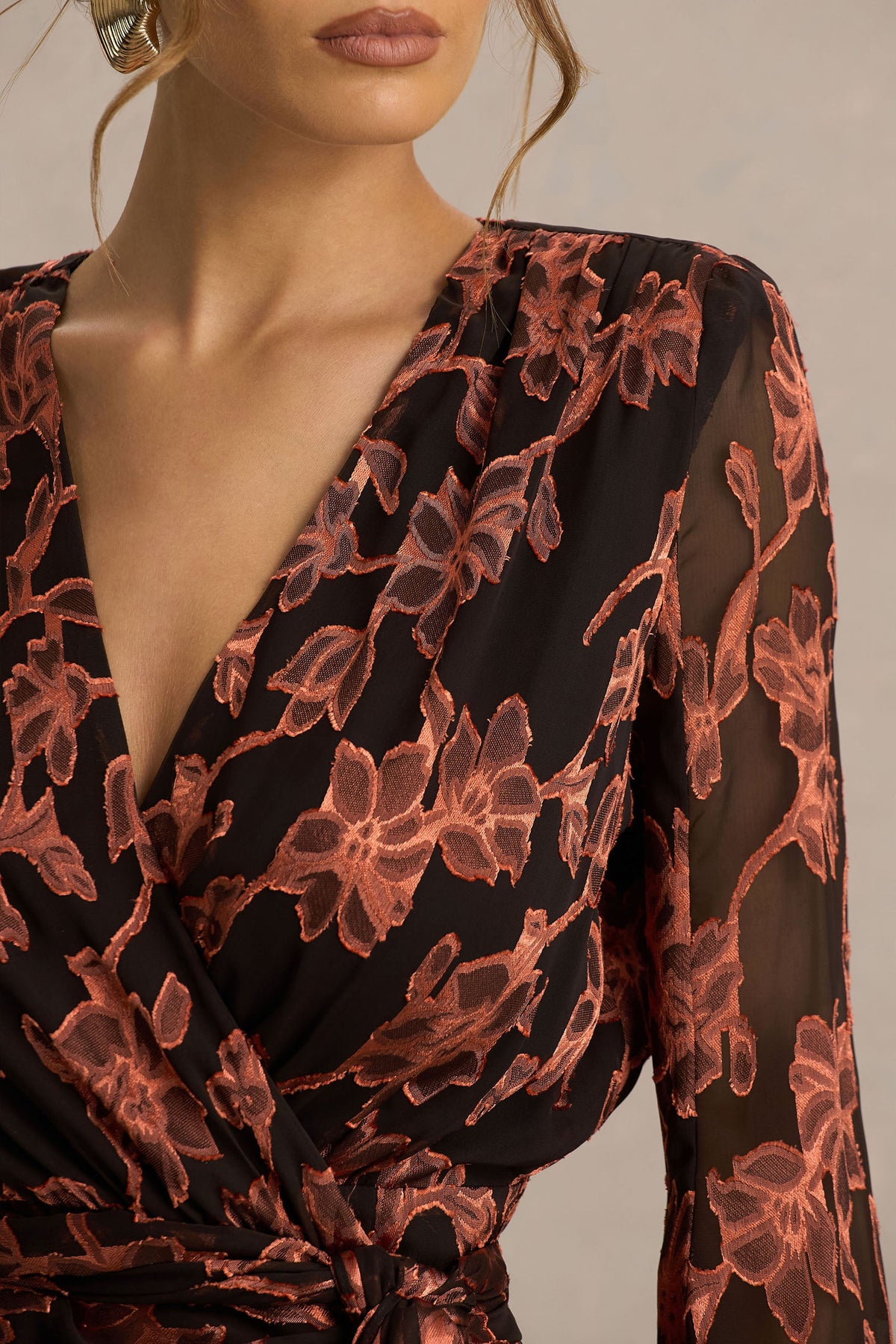 Lindsey | Black And Rust Plunge-Neck Wrap Mini Dress With Bell Sleeves And Sash Detail