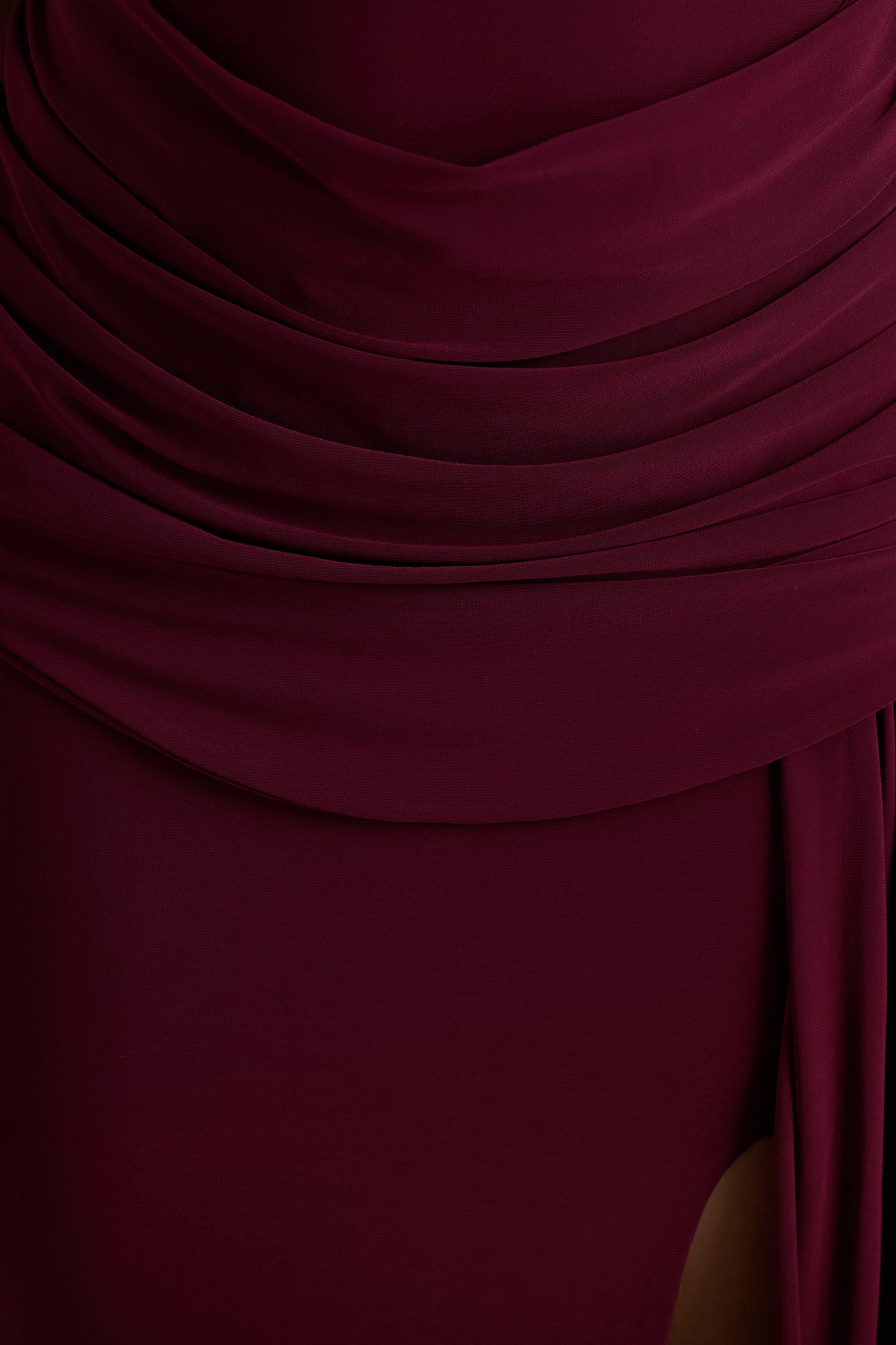 Dynasty | Burgundy Asymmetric-Neck Maxi Dress With Ruched Detailing And Front High-Split