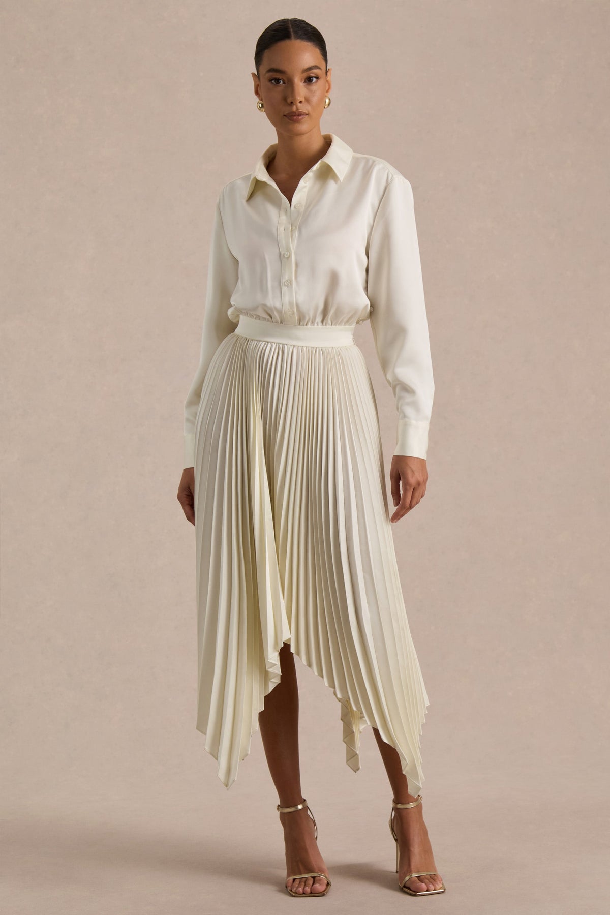 Naxos | Cream Satin Shirt Maxi Dress With Pleated Skirt