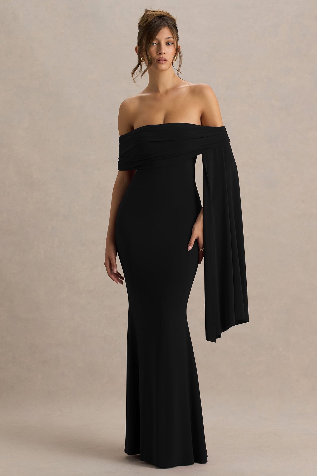 Saffina | Black Bardot-Neck Maxi Dress With Sash Detail