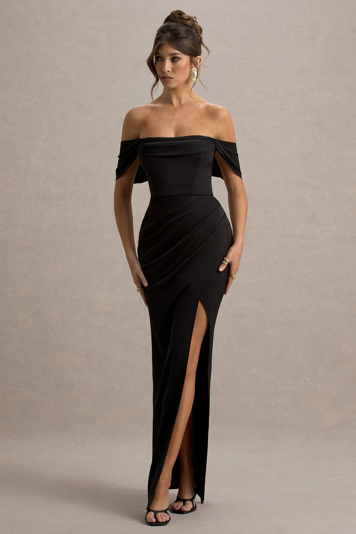 Annie | Black Satin Bardot Maxi Dress With Split Wrap Skirt