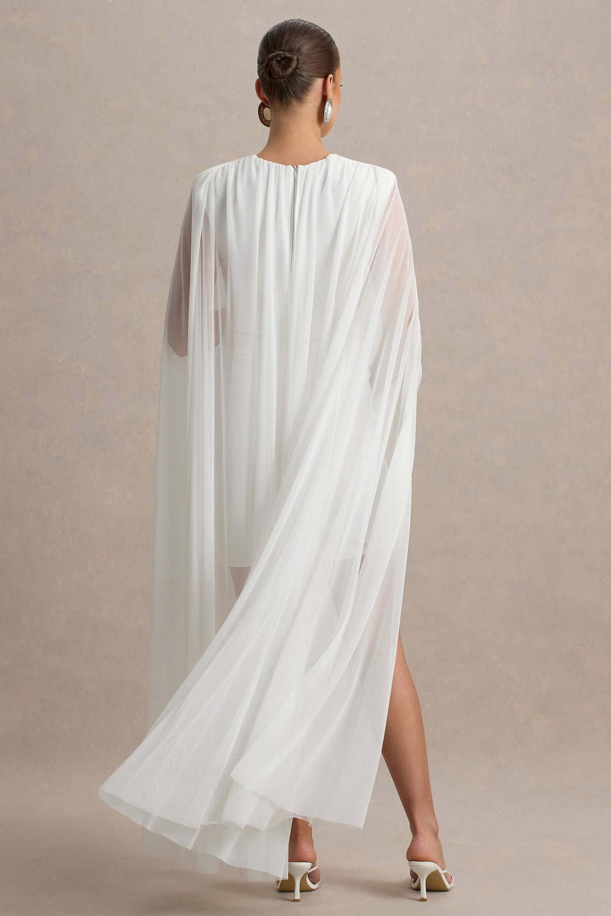 Charlene | White High-Neck Maternity Mini Dress With Mesh Cape