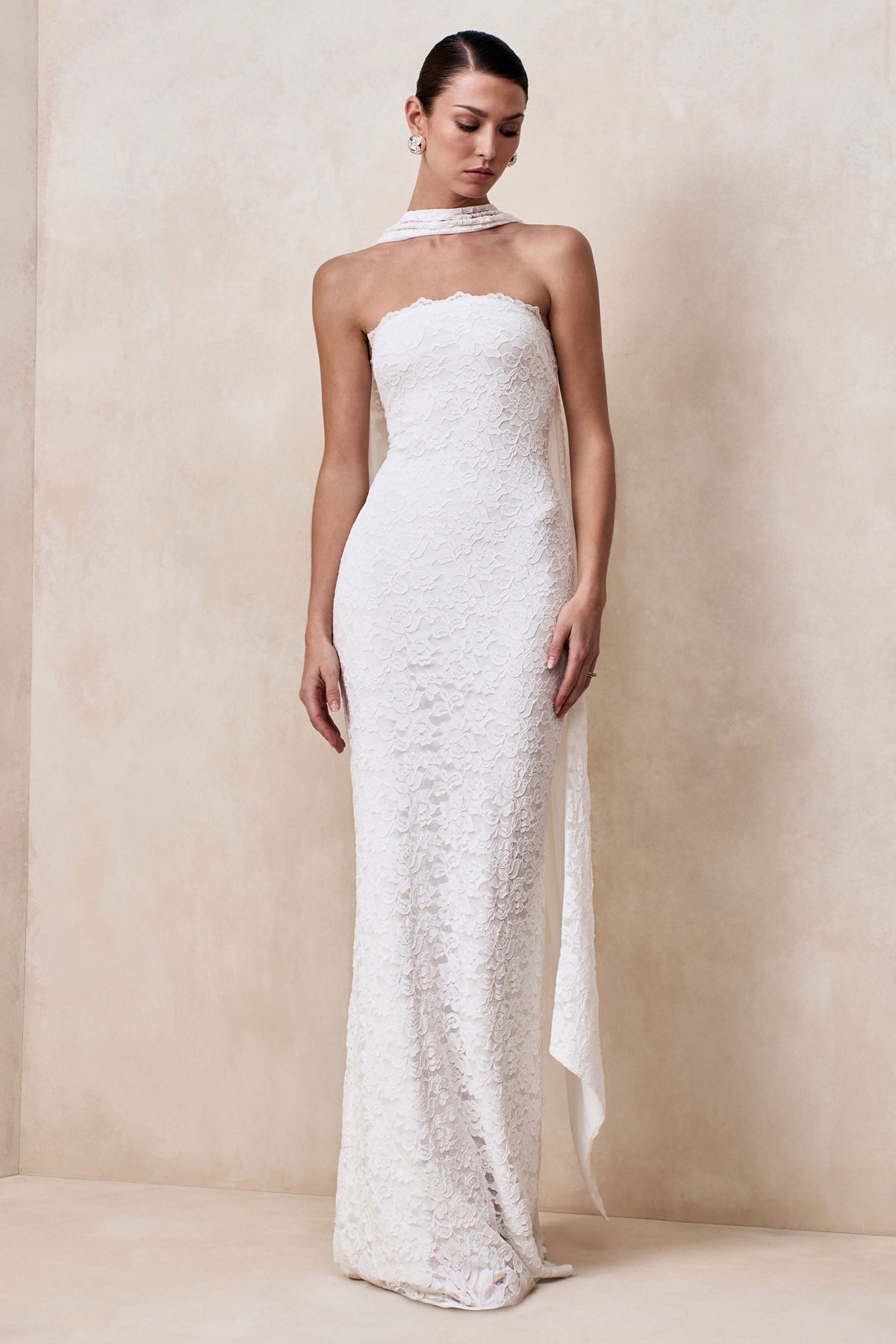 Massima | White Lace Bandeau Maxi Dress With Scarf Detail And Back Split