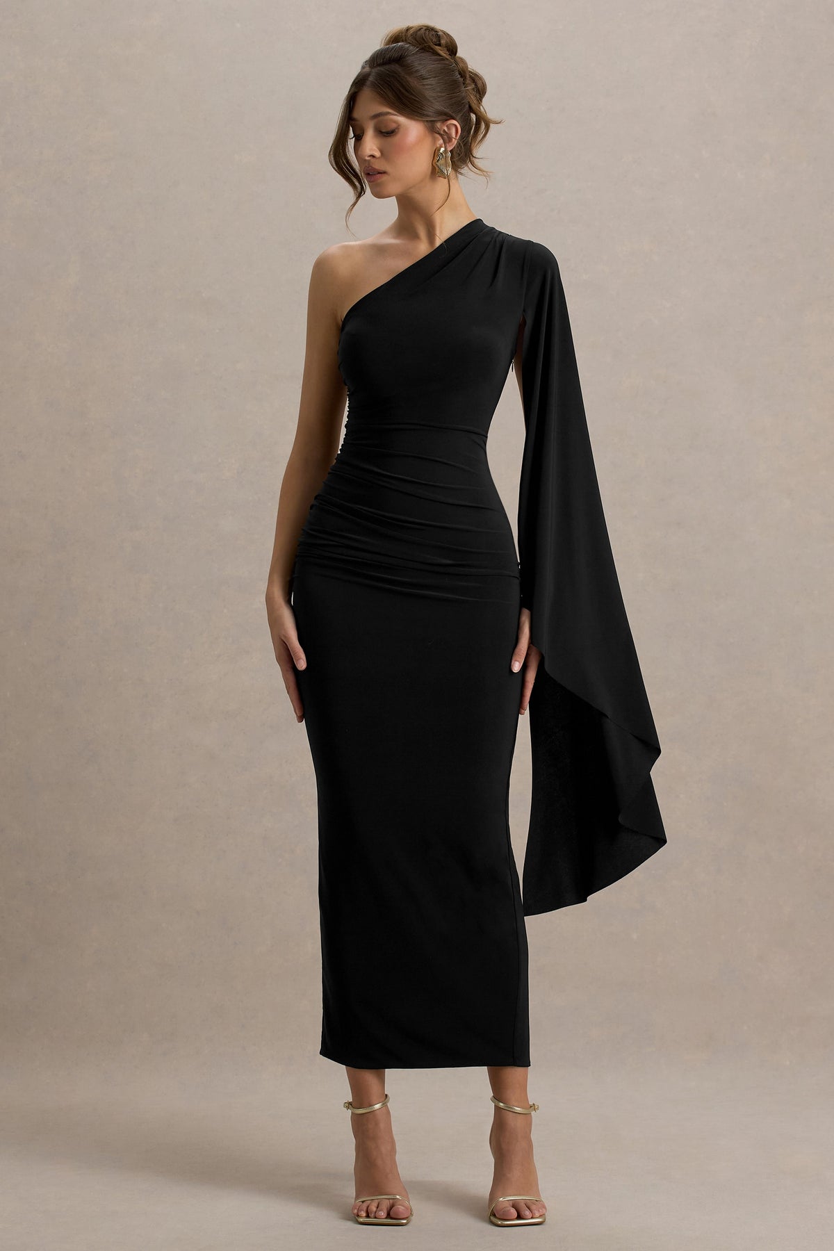 Clementina | Black Asymmetric Cape Sleeve Maxi Dress