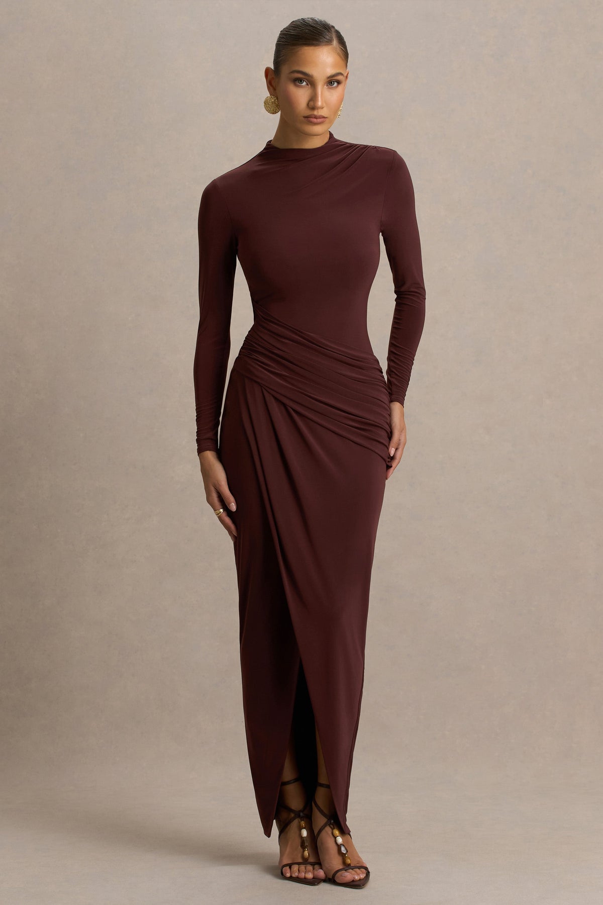 Zephyra | Brown High-Neck Wrapped Maxi Dress