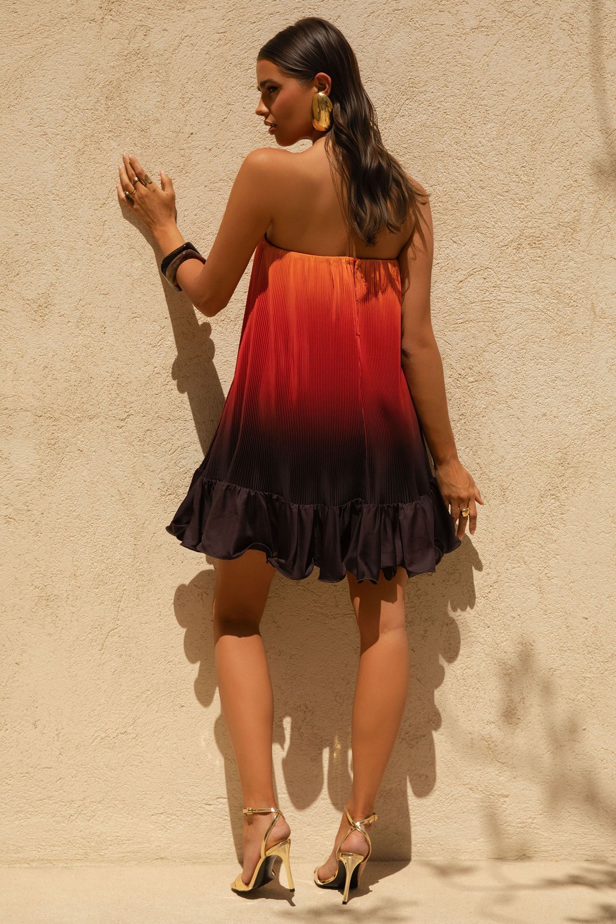 Tropical | Orange Ombre Satin Mini Dress With Ruffle Hem