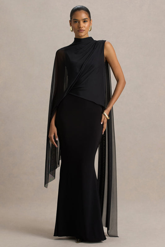 Amour | Black High-Neck Maxi Dress With Cape Sleeve Detail