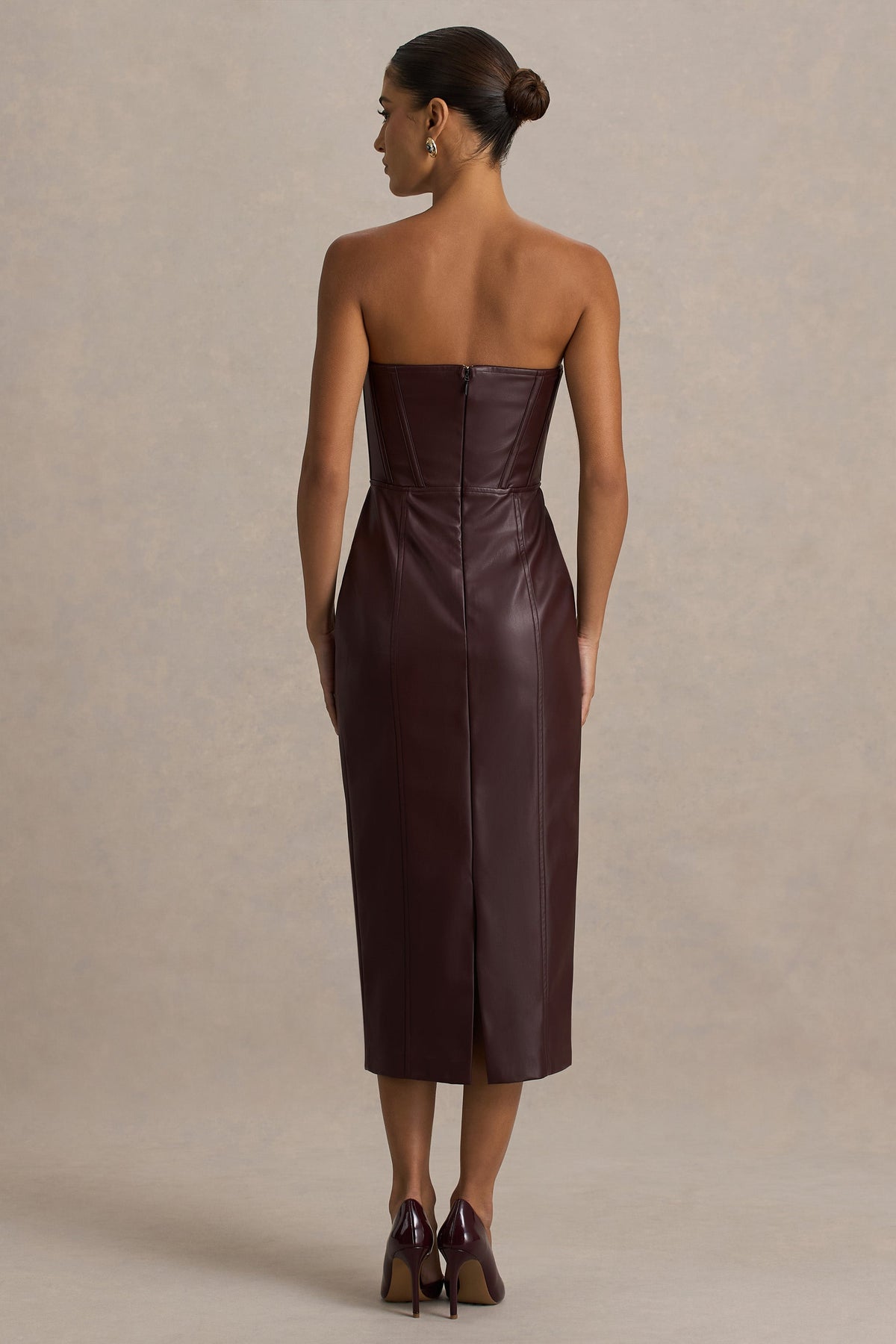 Zola | Burgundy Faux Leather Bandeau Midi Dress