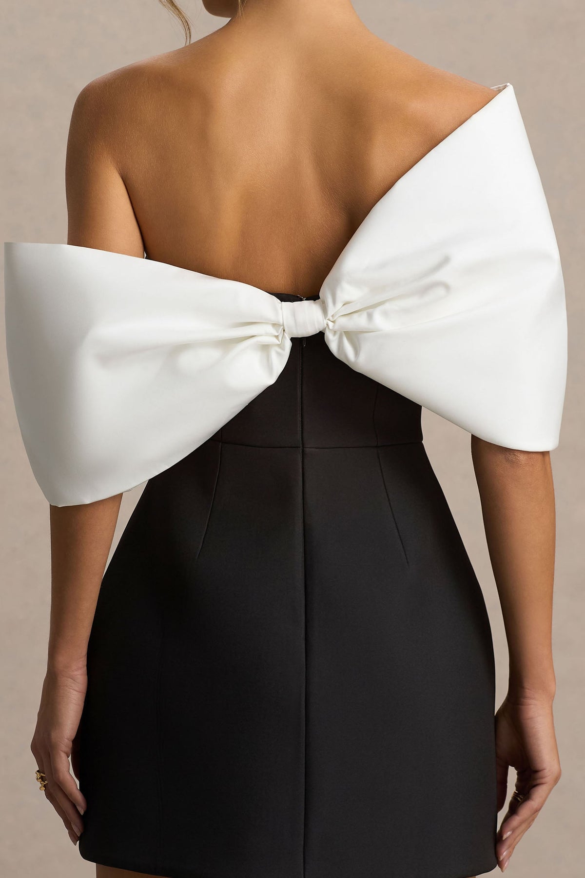 Tindra | Black And White Satin Bandeau-Neck Mini Dress With Bow Sleeves