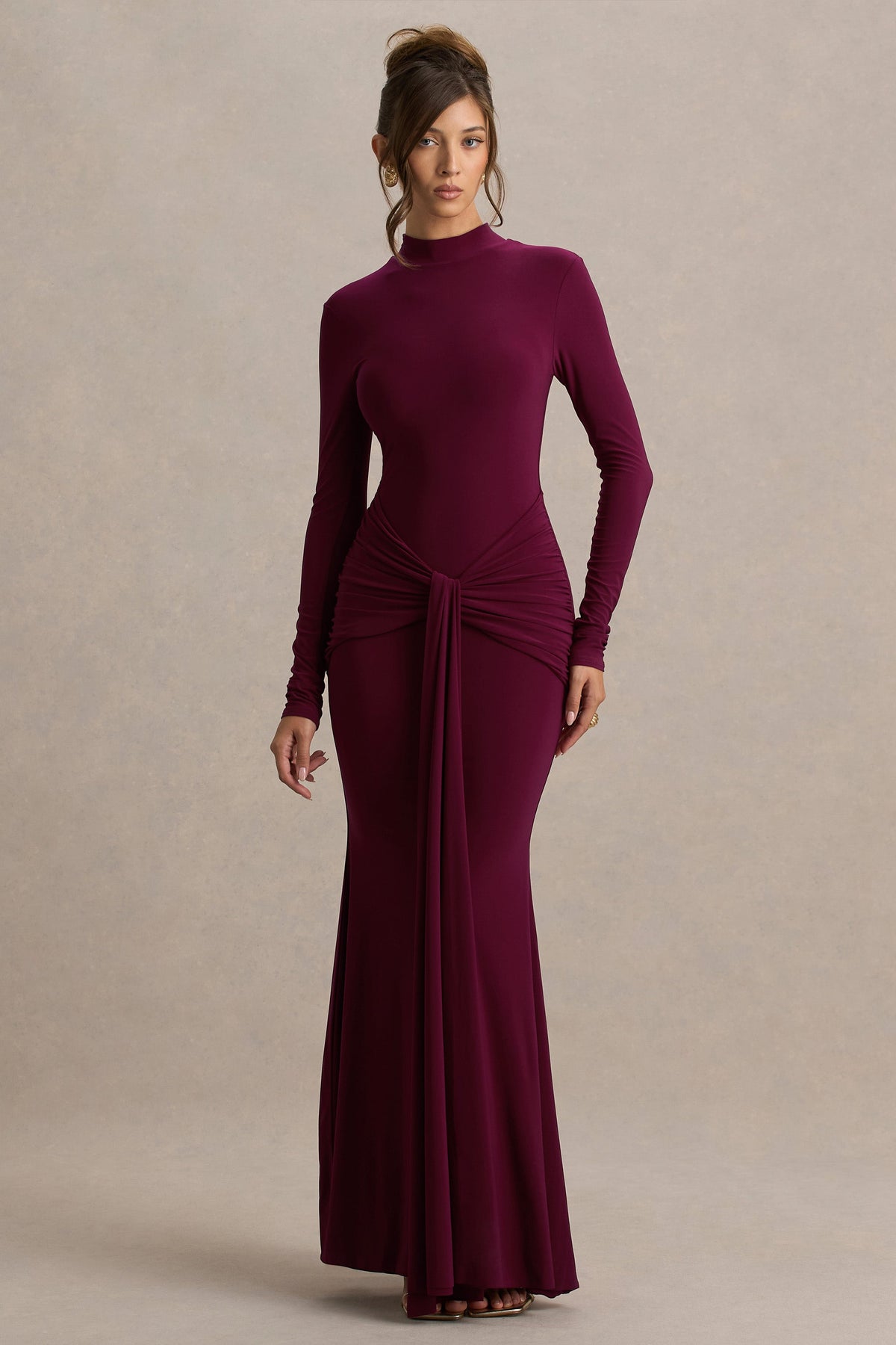 Pietra | Berry High-Neck Long Sleeve Knot Maxi Dress
