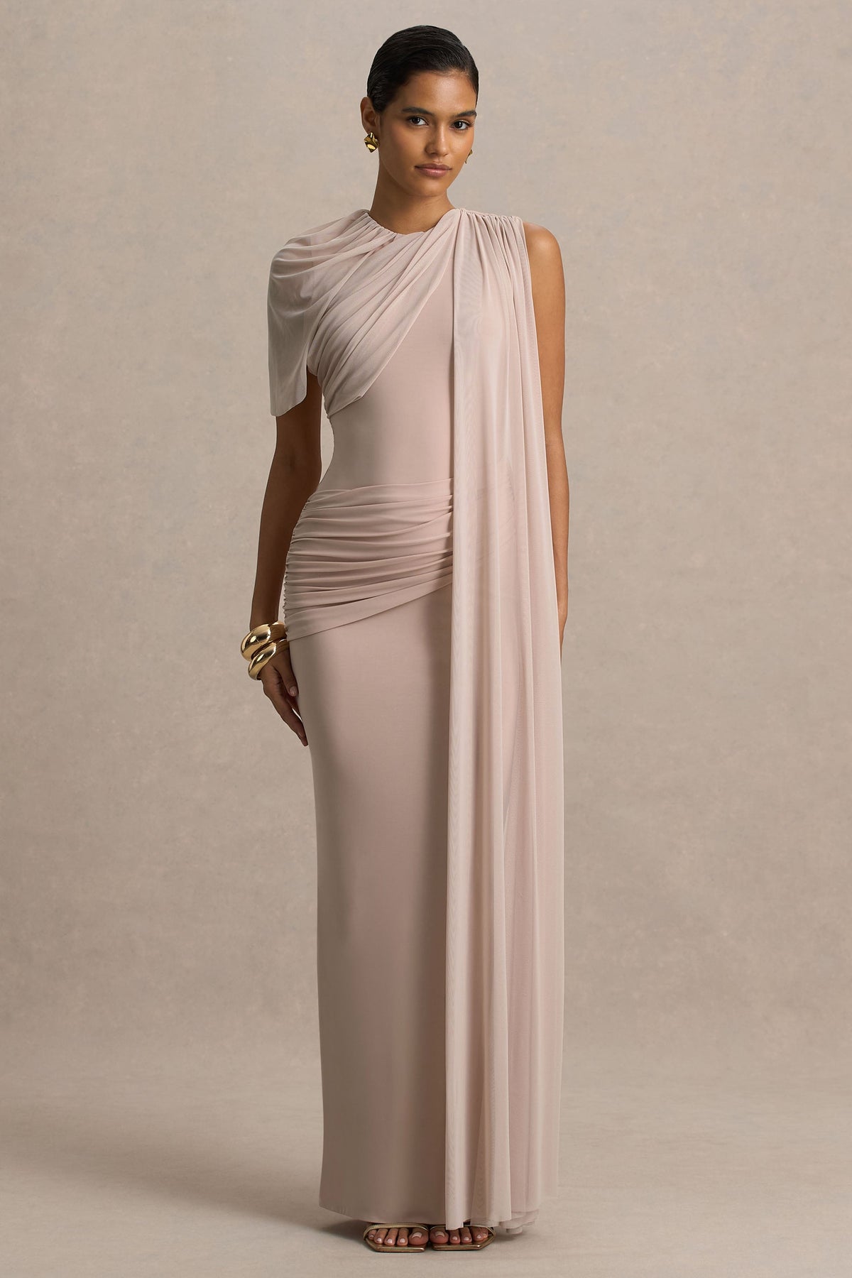 Brenda | Champagne Crew-Neck Maxi Dress With Mesh Cape And Sash
