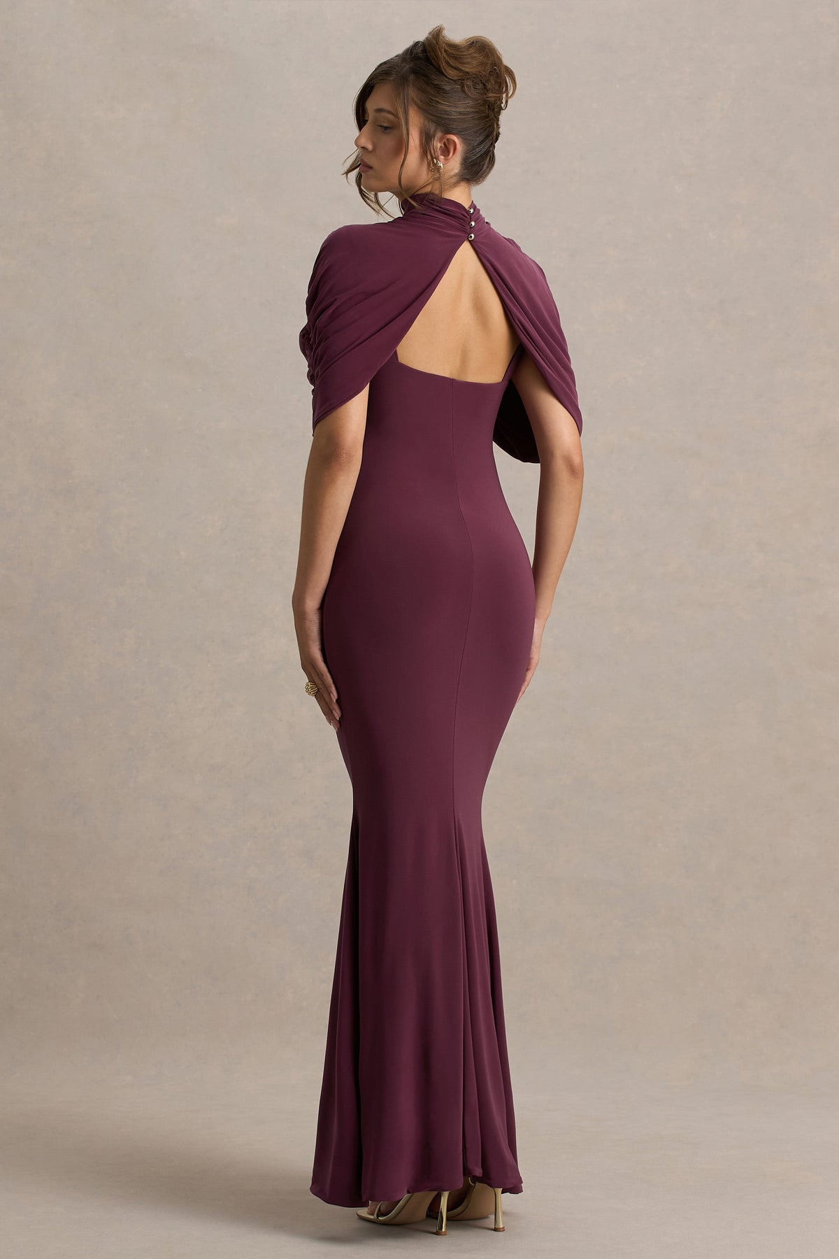 Cleora | Burgundy Twist Cape Maxi Dress
