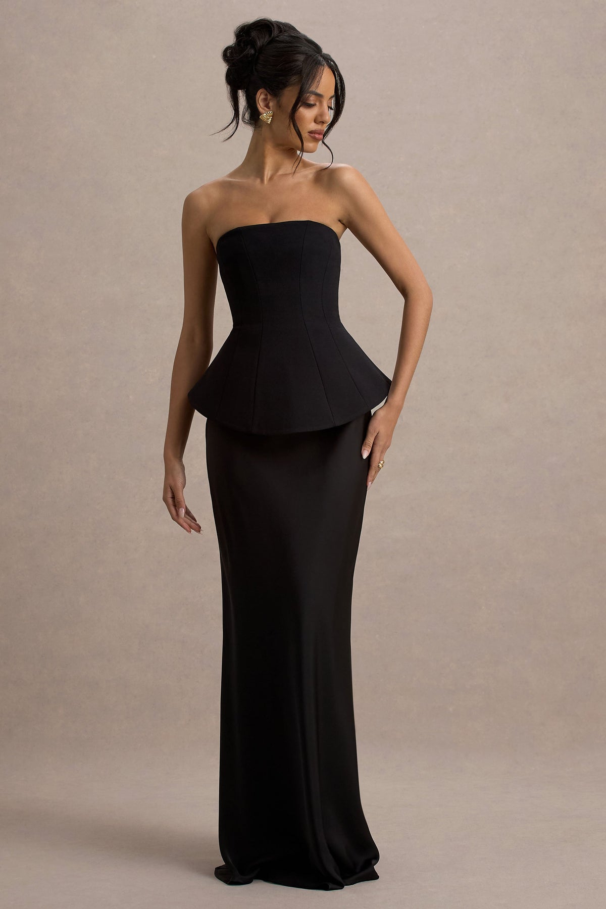 Ohio | Black Bandeau Maxi Dress With Satin Skirt And Corset