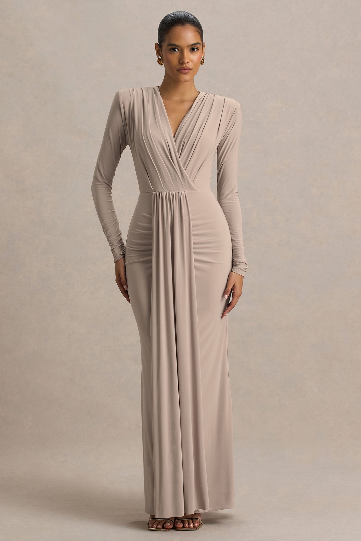 Flashy | Champagne Plunge-Neck Maxi Dress With Ruched Detailing