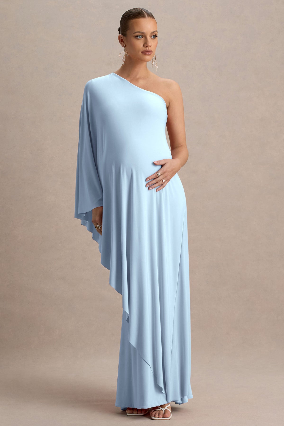 Waves | Powder Blue Asymmetric Maternity Maxi Dress With One-Sleeve Cape