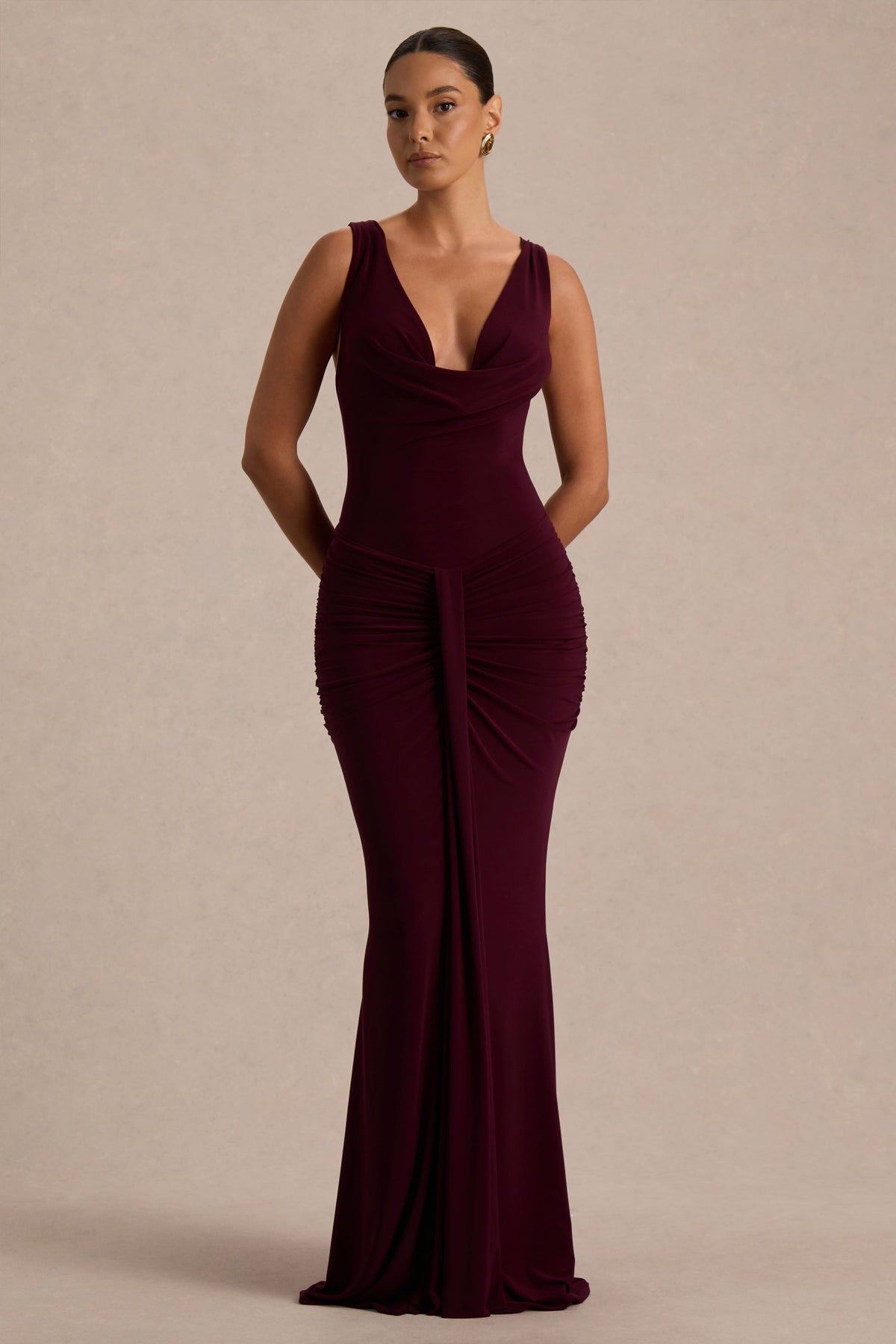 Mallie | Burgundy Cowl-Neck Maxi Dress With Open-Back And Gathered-Detailing
