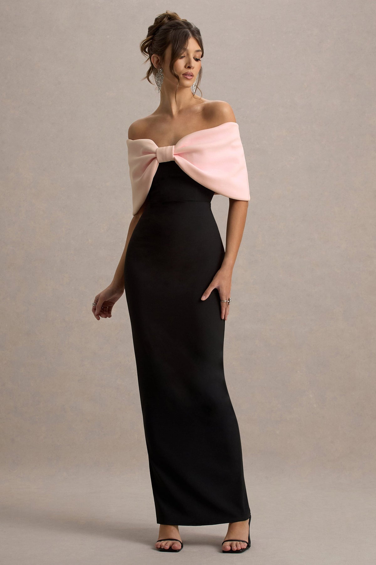 Cornelia | Pink & Black Strapless Maxi Dress With Oversized Bow
