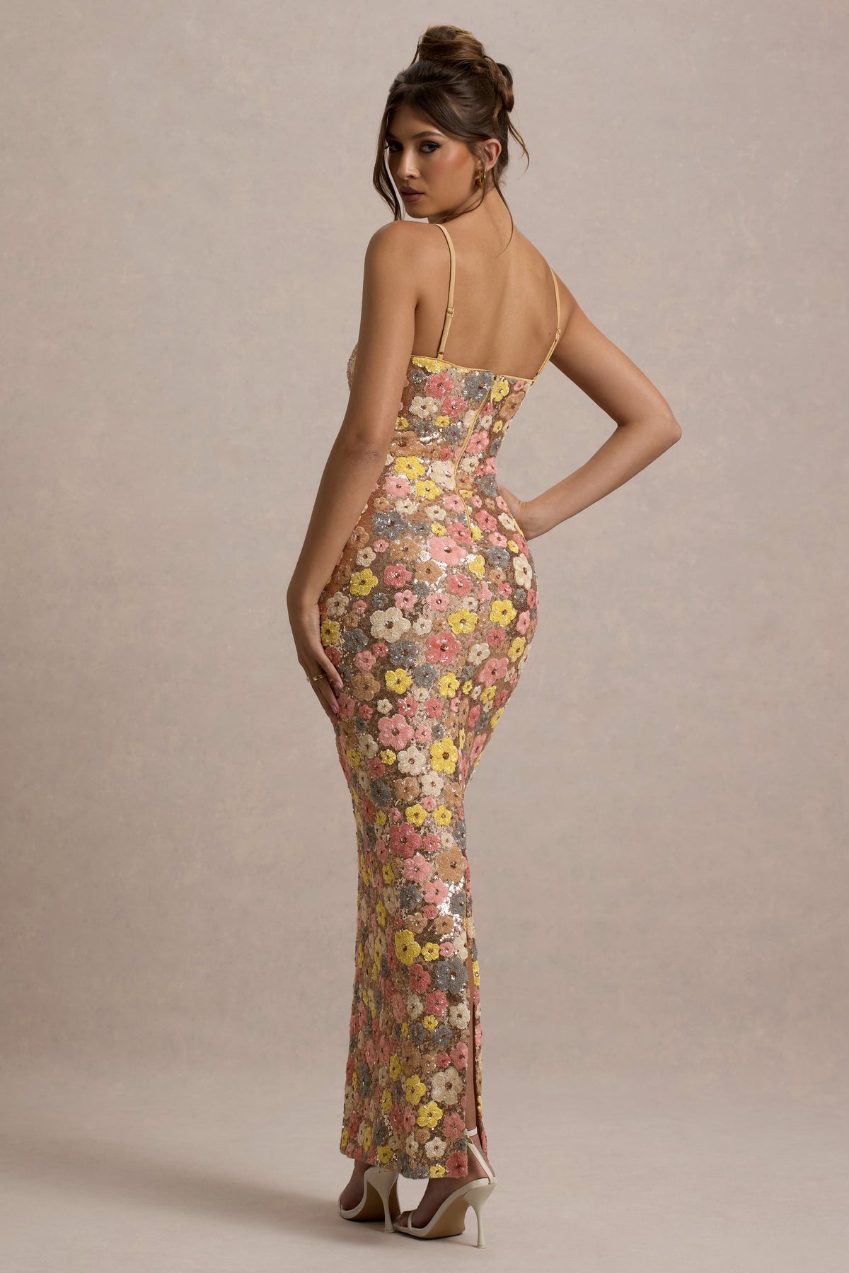 Vitora | Pastel Floral Sequin Bandeau Maxi Dress With Back Split