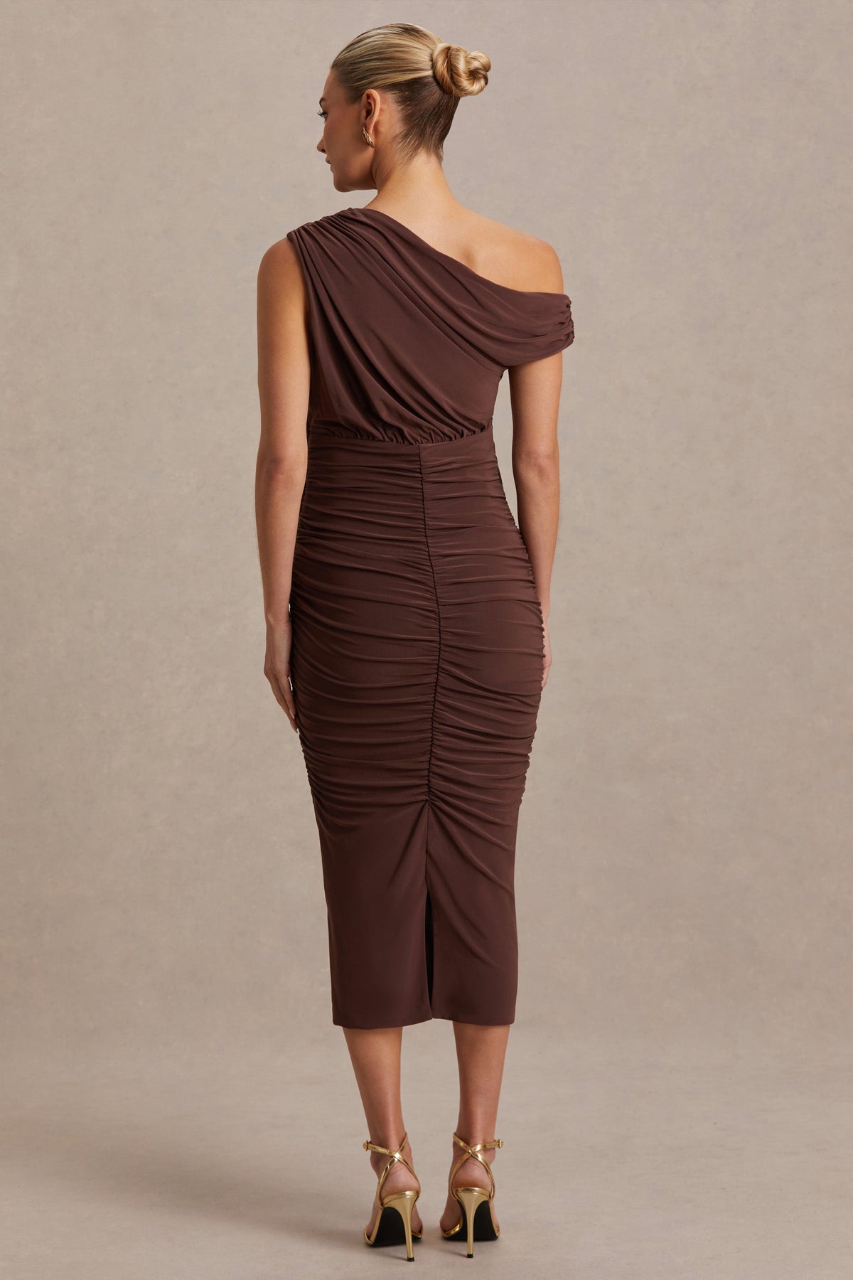 Linnea | Brown Asymmetric-Neck Maternity Midi Dress
