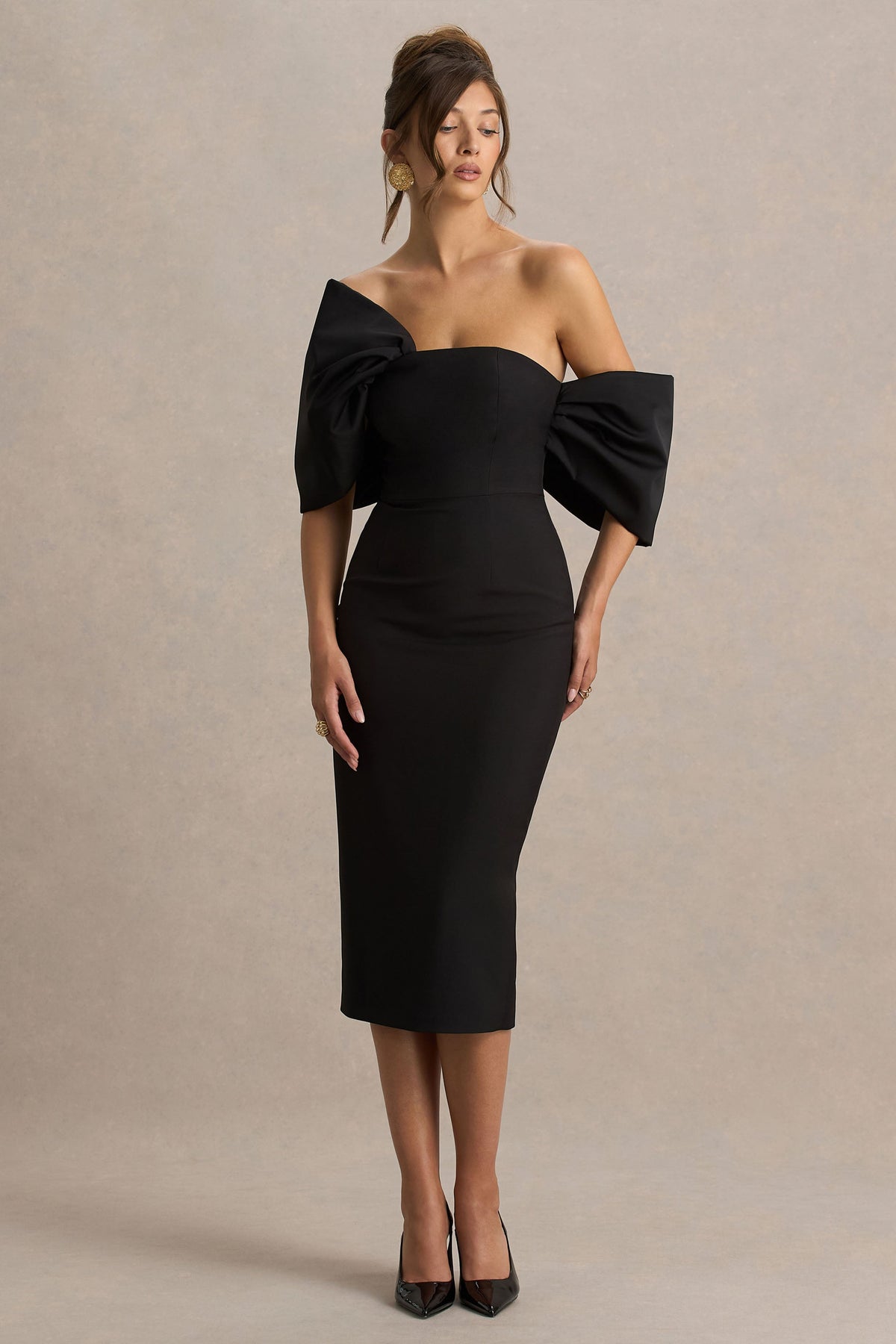 Lucille | Black Asymmetric Bardot Midi Dress With Bow Detail