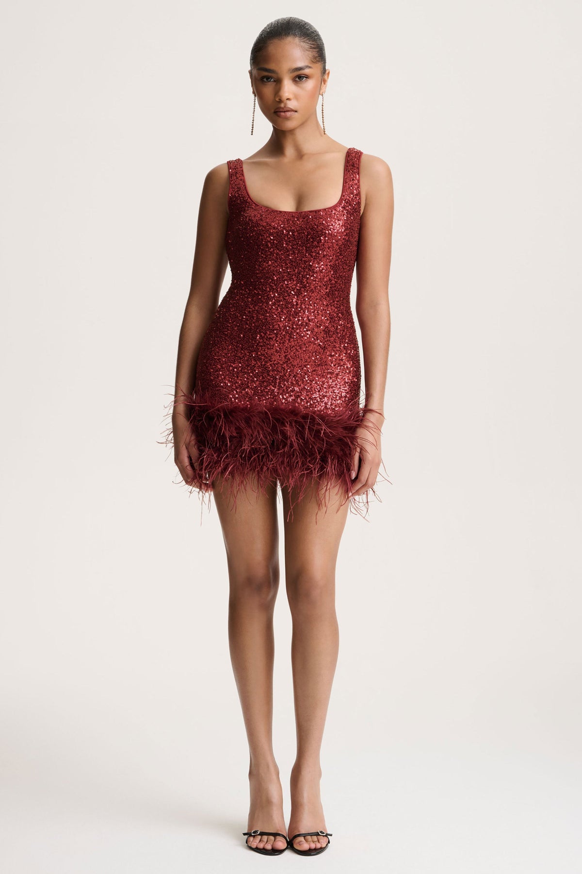 Rosalinda | Burgundy Sequin Square-Neck Mini Dress With Feather Trim