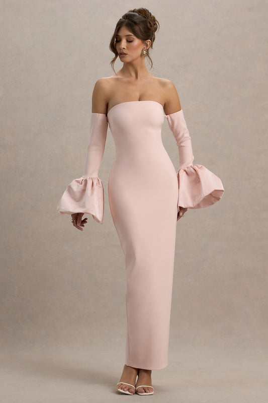 Myah | Pink Bandeau Long-Sleeve Maxi Dress With Puff Cuffs