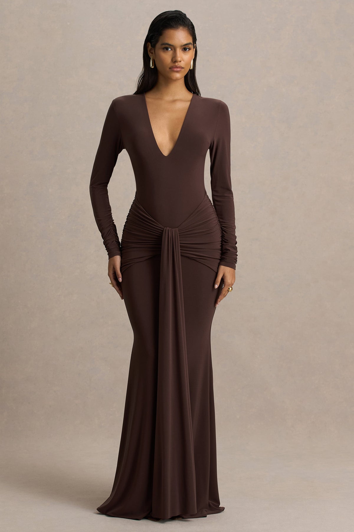 Saffie | Chocolate Extreme-Plunge Wrap Maxi Dress With Long-Sleeves And Ruched Detailing