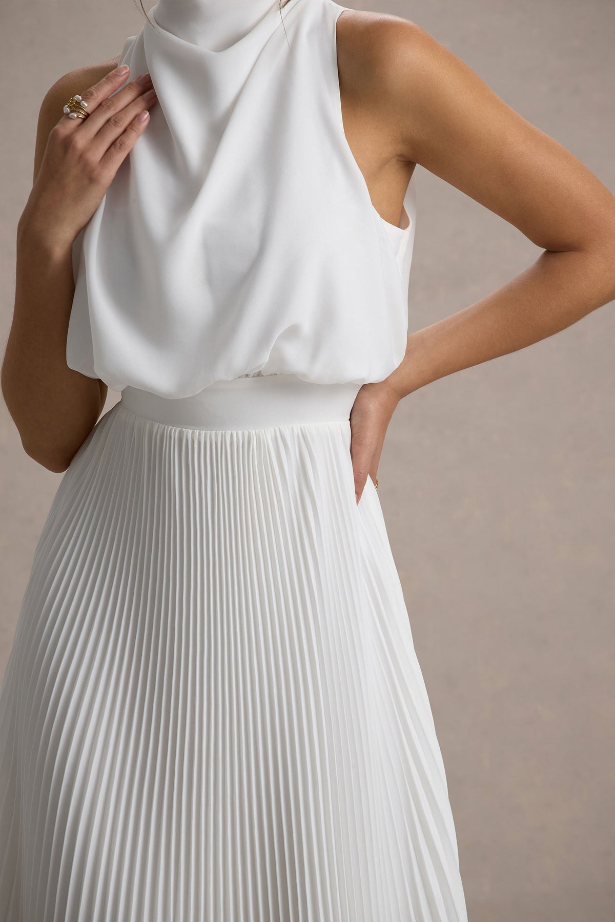 Nila | White Cowl-Neck Midi Dress With Plisse Skirt