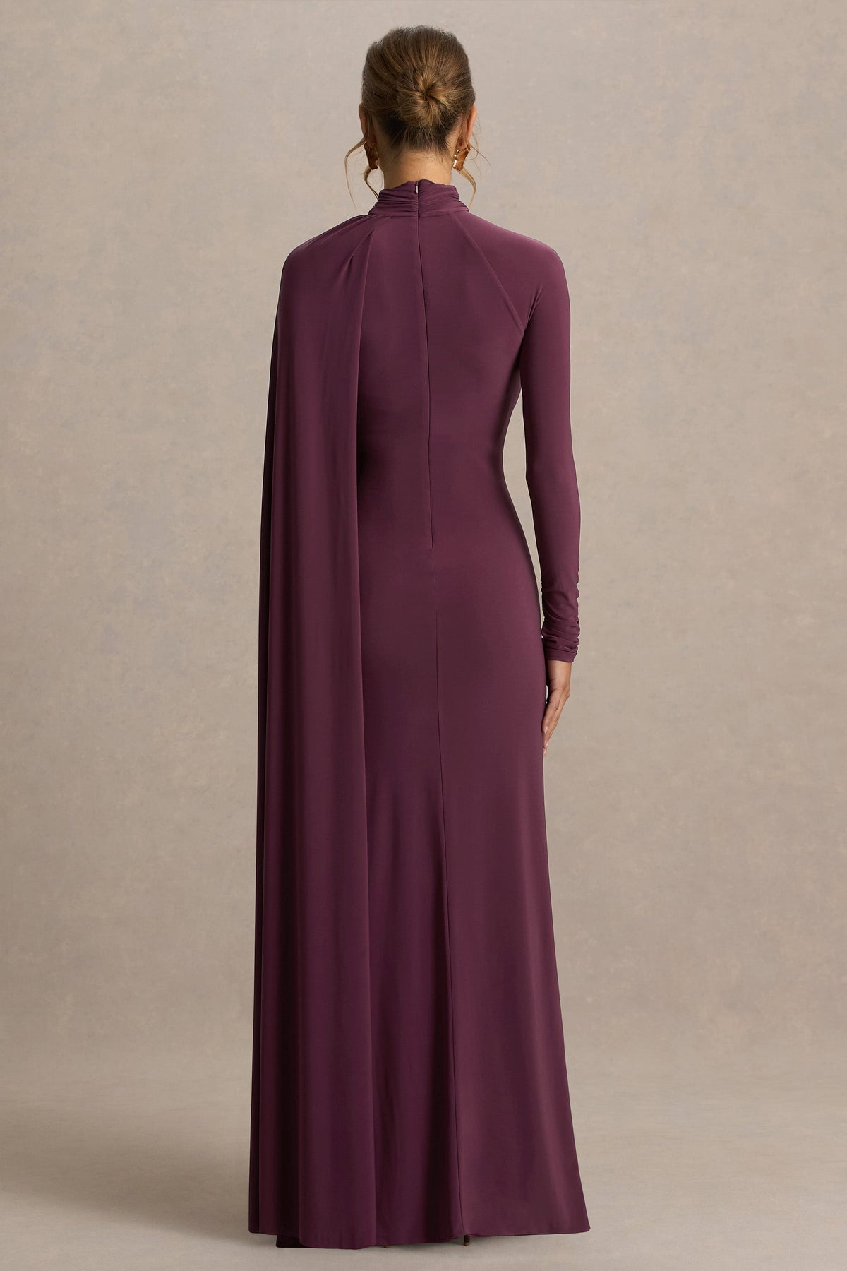 Anticipation | Burgundy High-Neck Maxi Dress With Front Split And Ruched Detailing