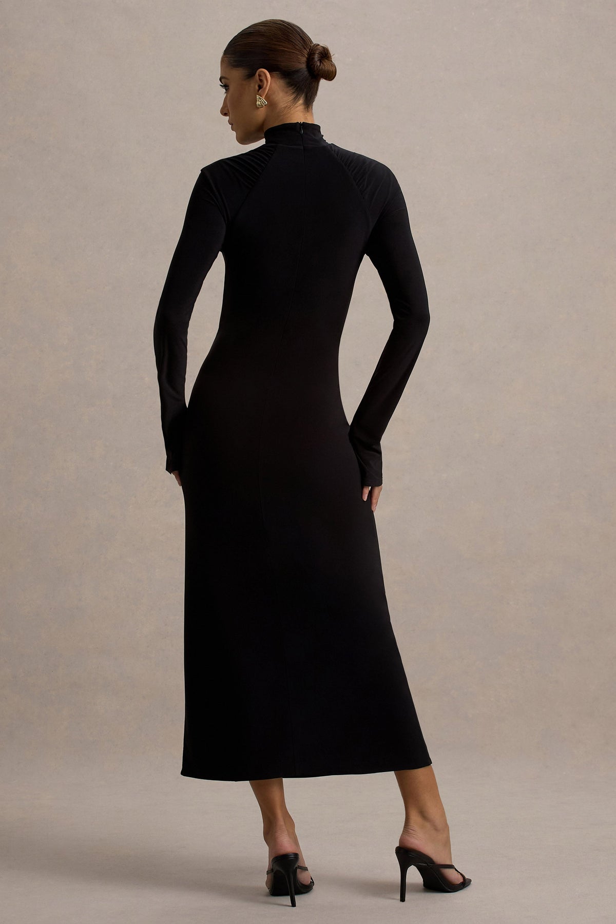 Cassandra | Black High-Neck Long-Sleeve Midi Dress