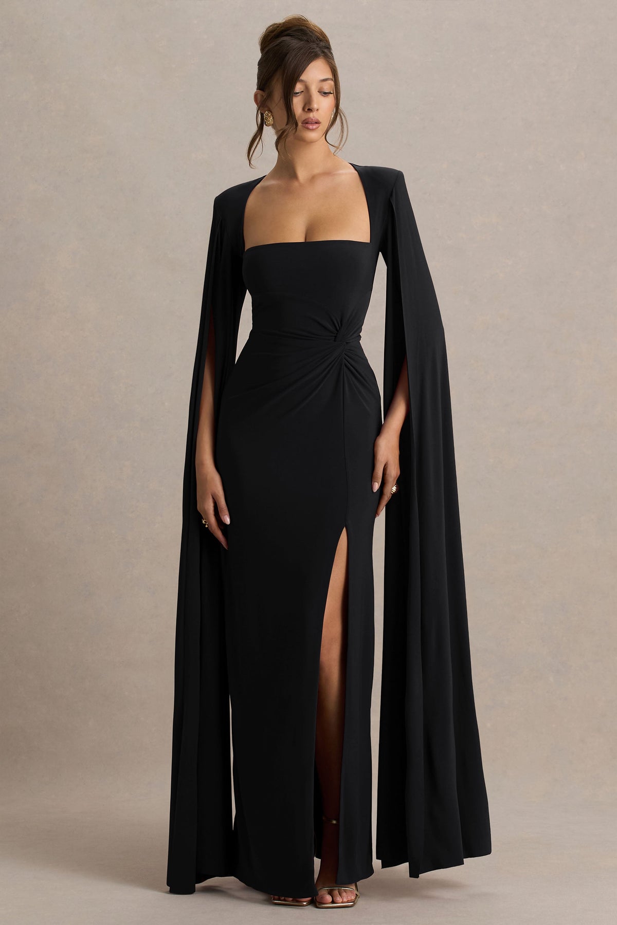 Claretta | Black Square Neck Twisted Maxi Dress With Cape Sleeves