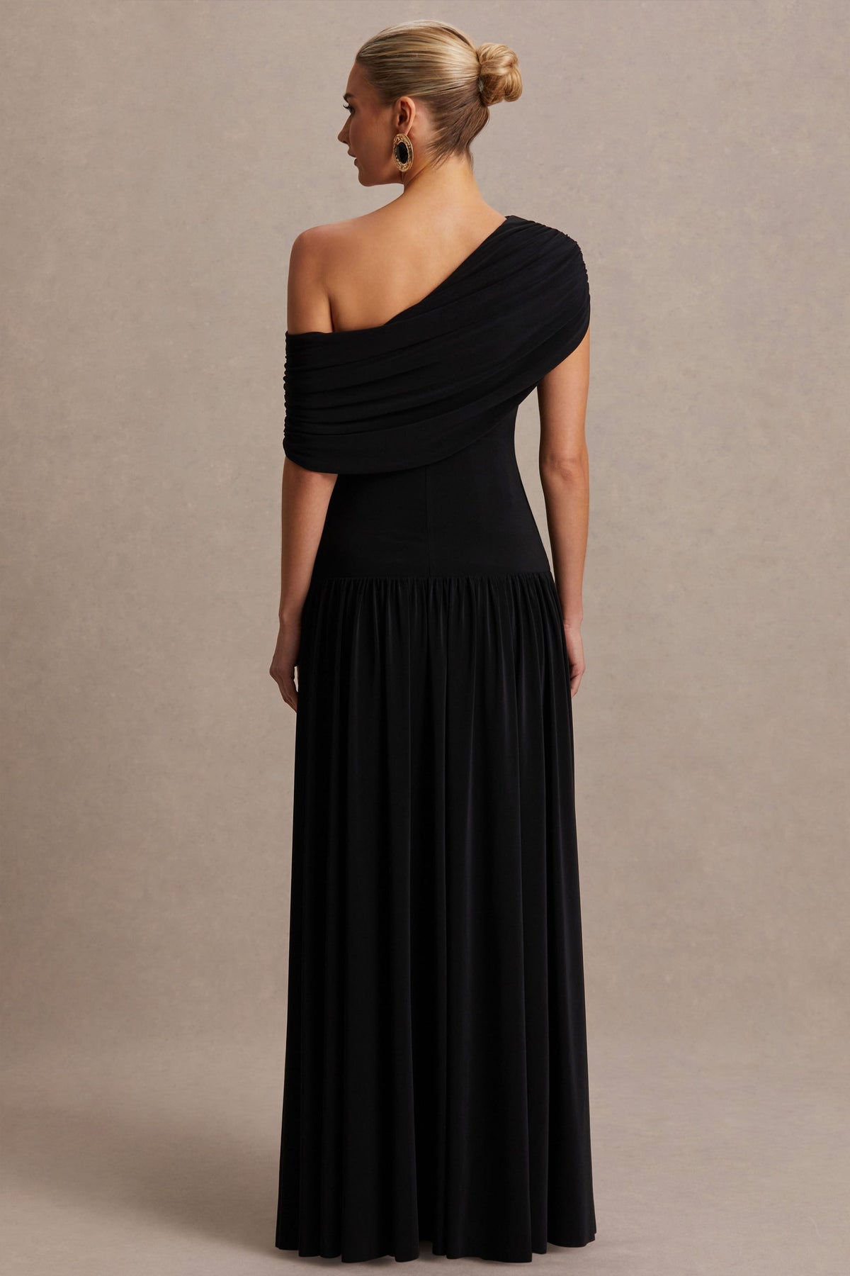 Noah | Black Jersey Ruched One Shoulder Maternity A-Line Maxi Dress With Drop Waist