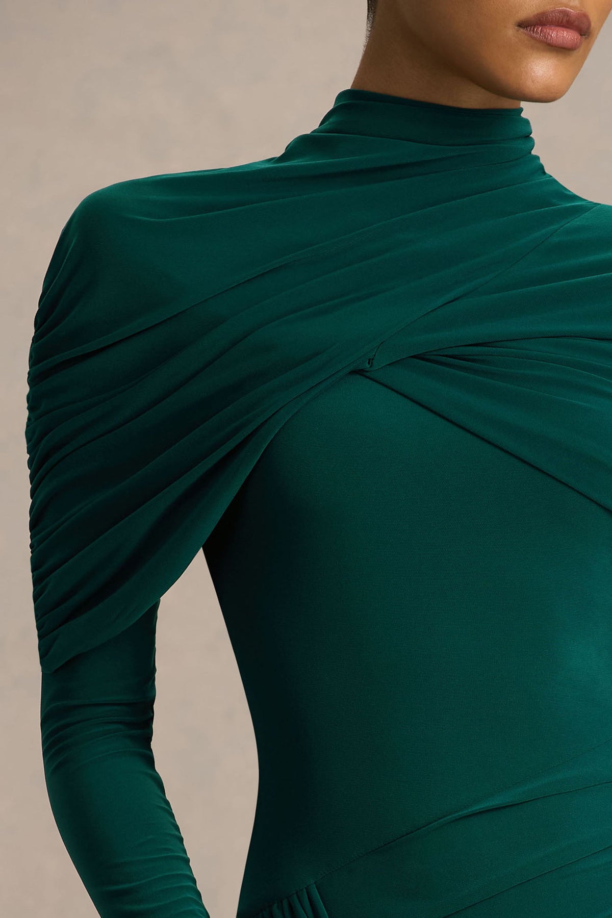 Aneira | Bottle Green High-Neck Maxi Dress With Cape Sleeves