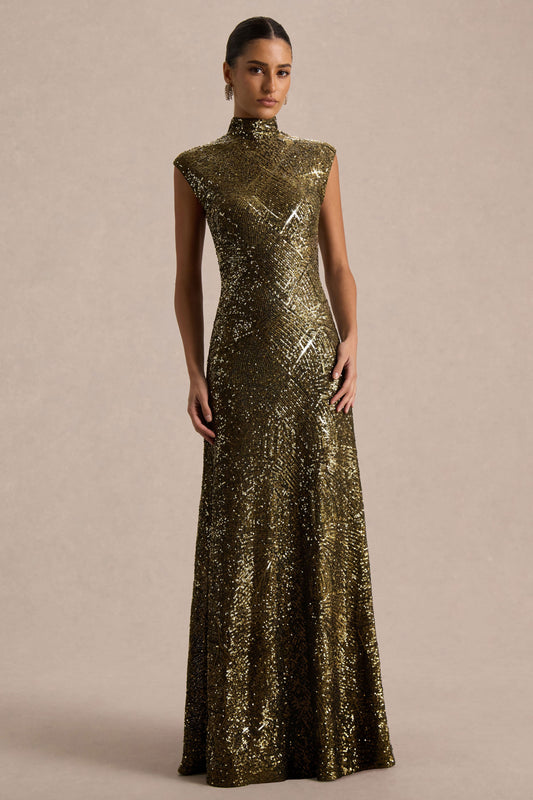 Cecy | Khaki Sequin High Neck Short Sleeve Maxi Dress