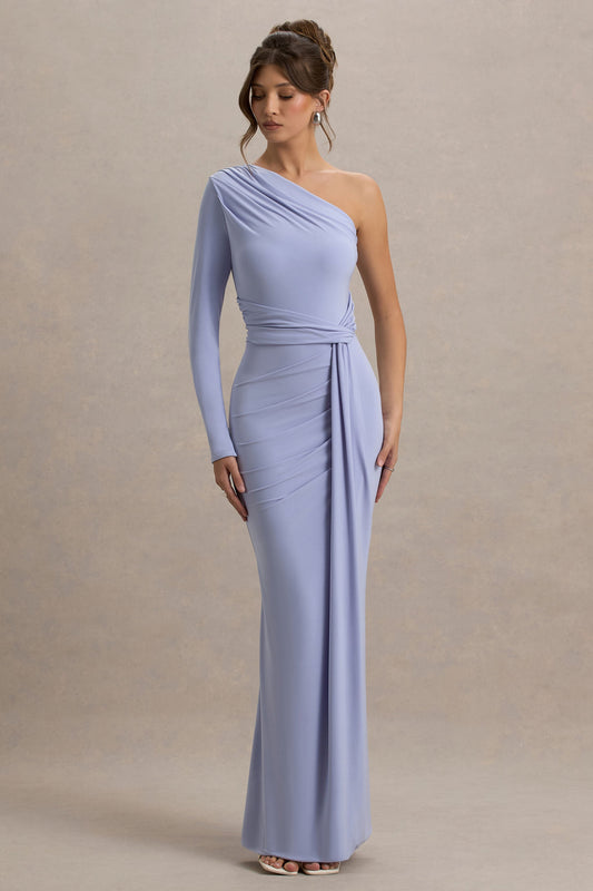 Sanya | Pale Blue Asymmetric One Sleeve Wrap Maxi Dress with Drape