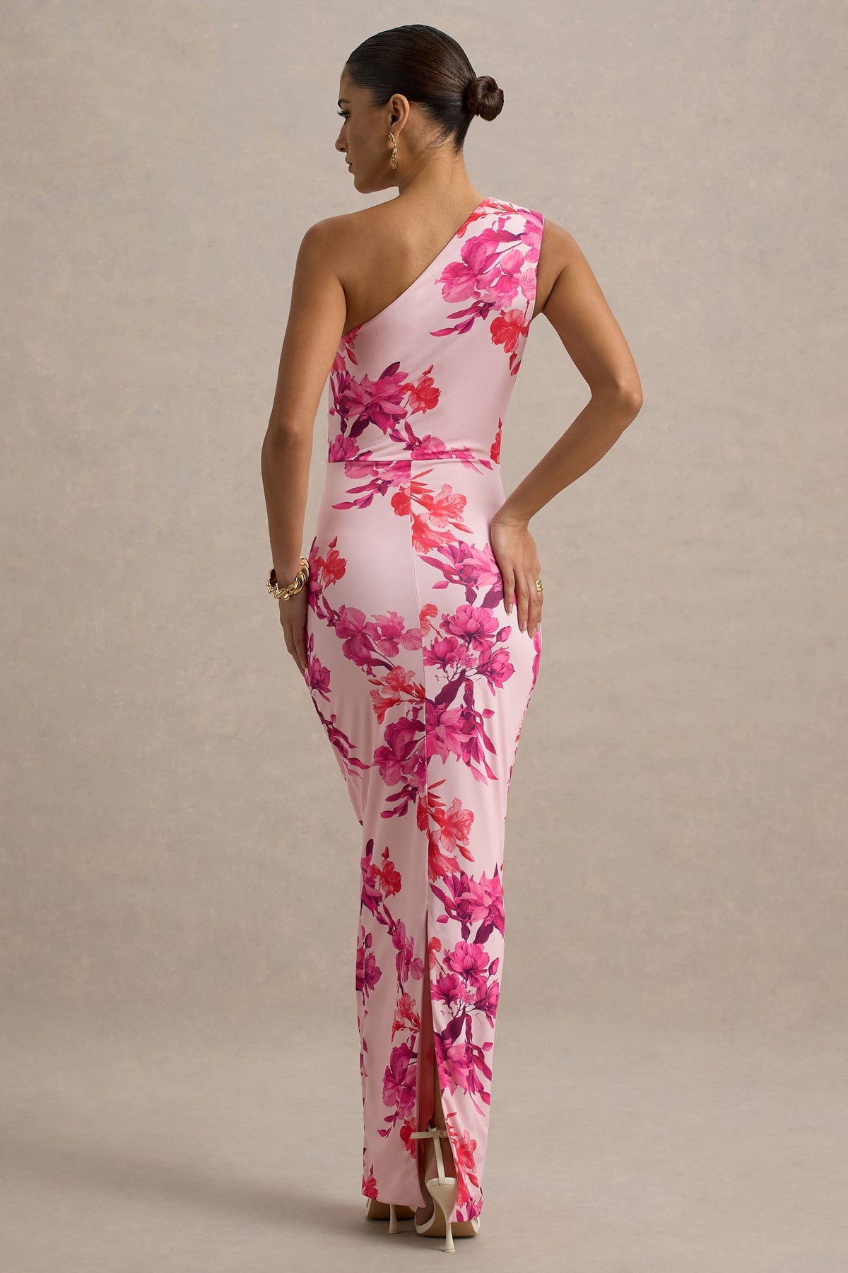 Dalarie | Pink and Orange Floral Print One-Shoulder Gathered Maxi Dress
