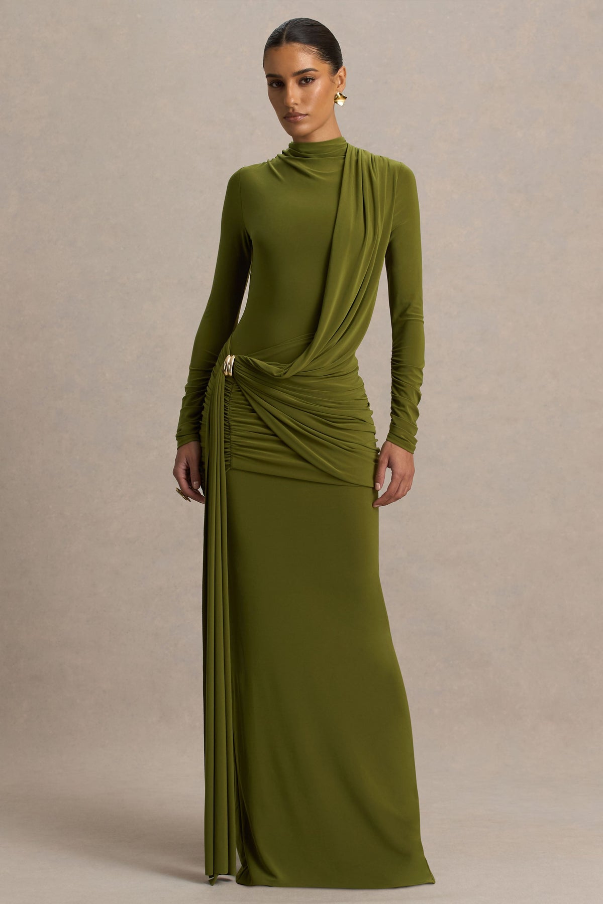 Melissa | Olive Long-Sleeve Wrap Maxi Dress With Draped Detailing