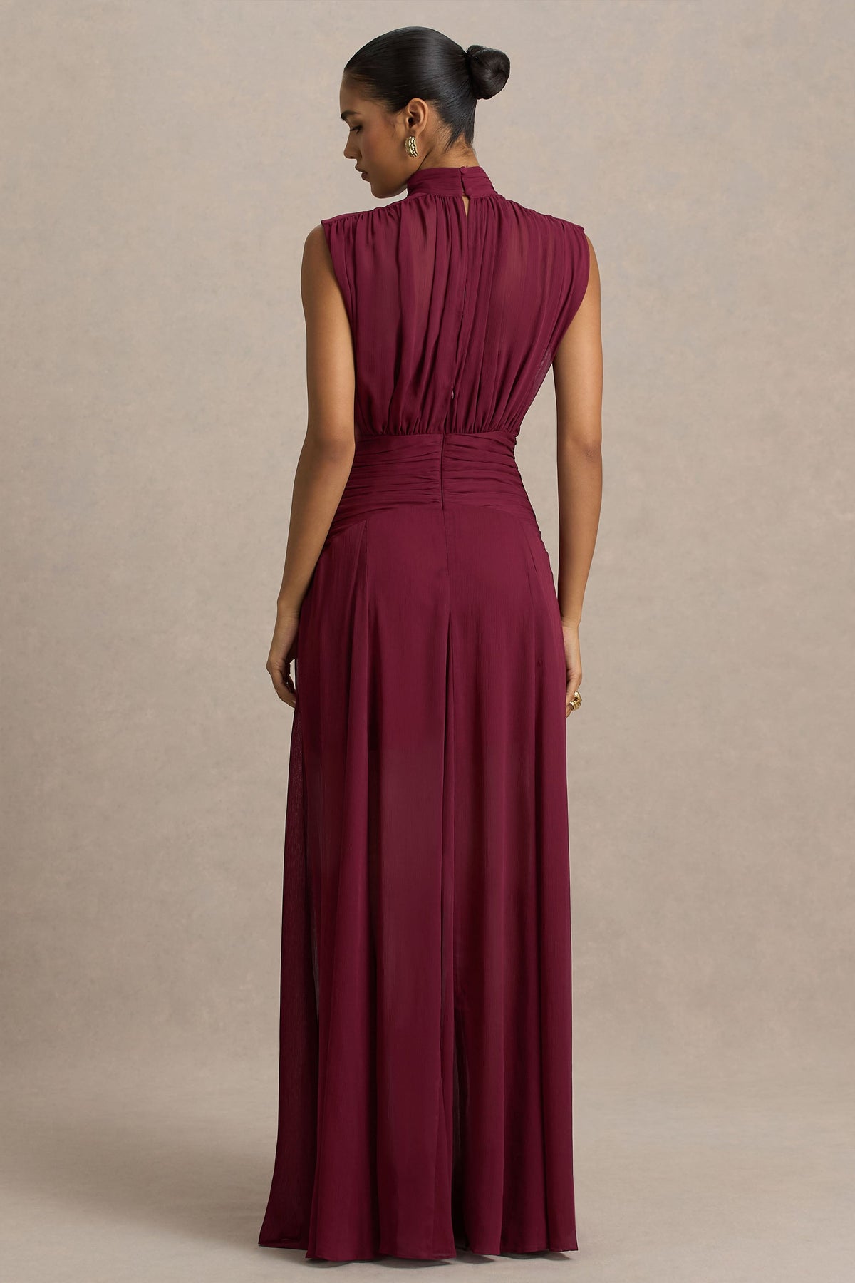 Melanina | Burgundy High-Neck Maxi Dress With Ruched Detailing