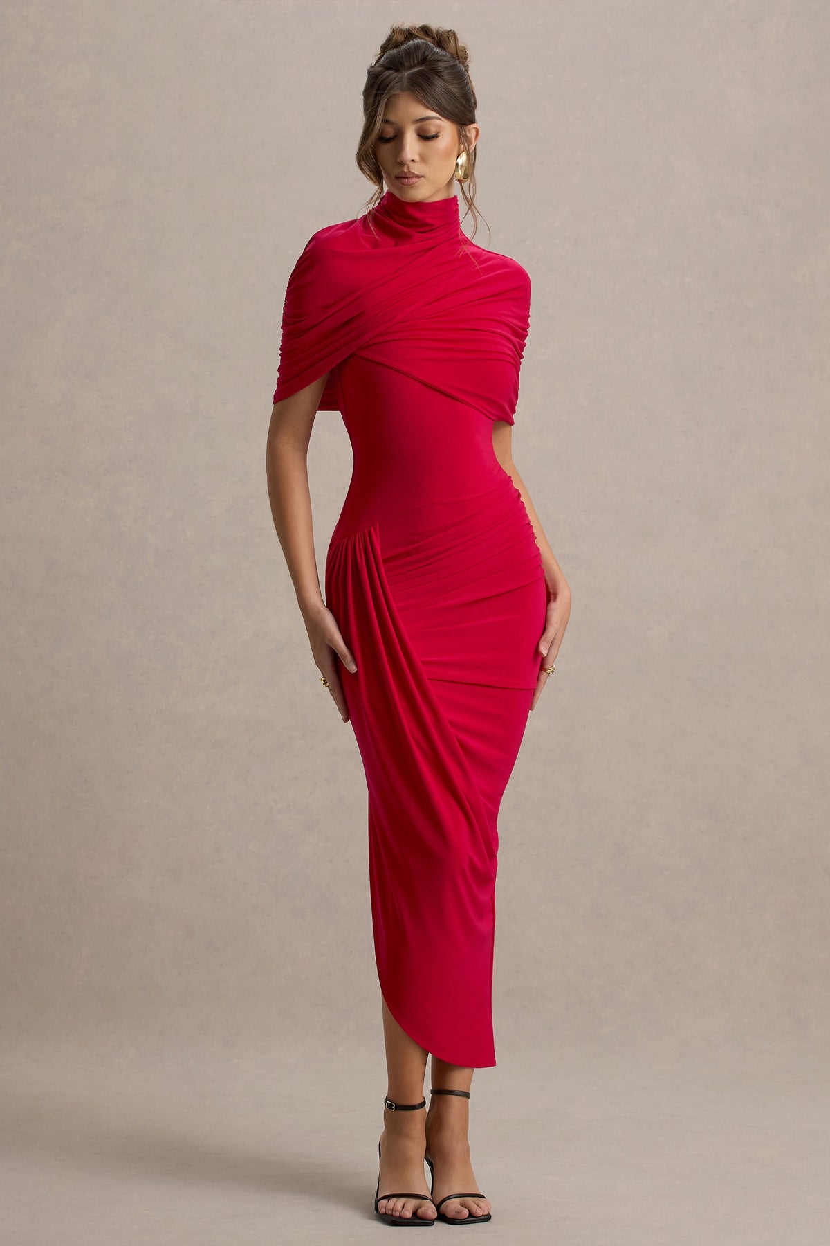 Enchant | Red Asymmetric Twisted Cape Midi Dress