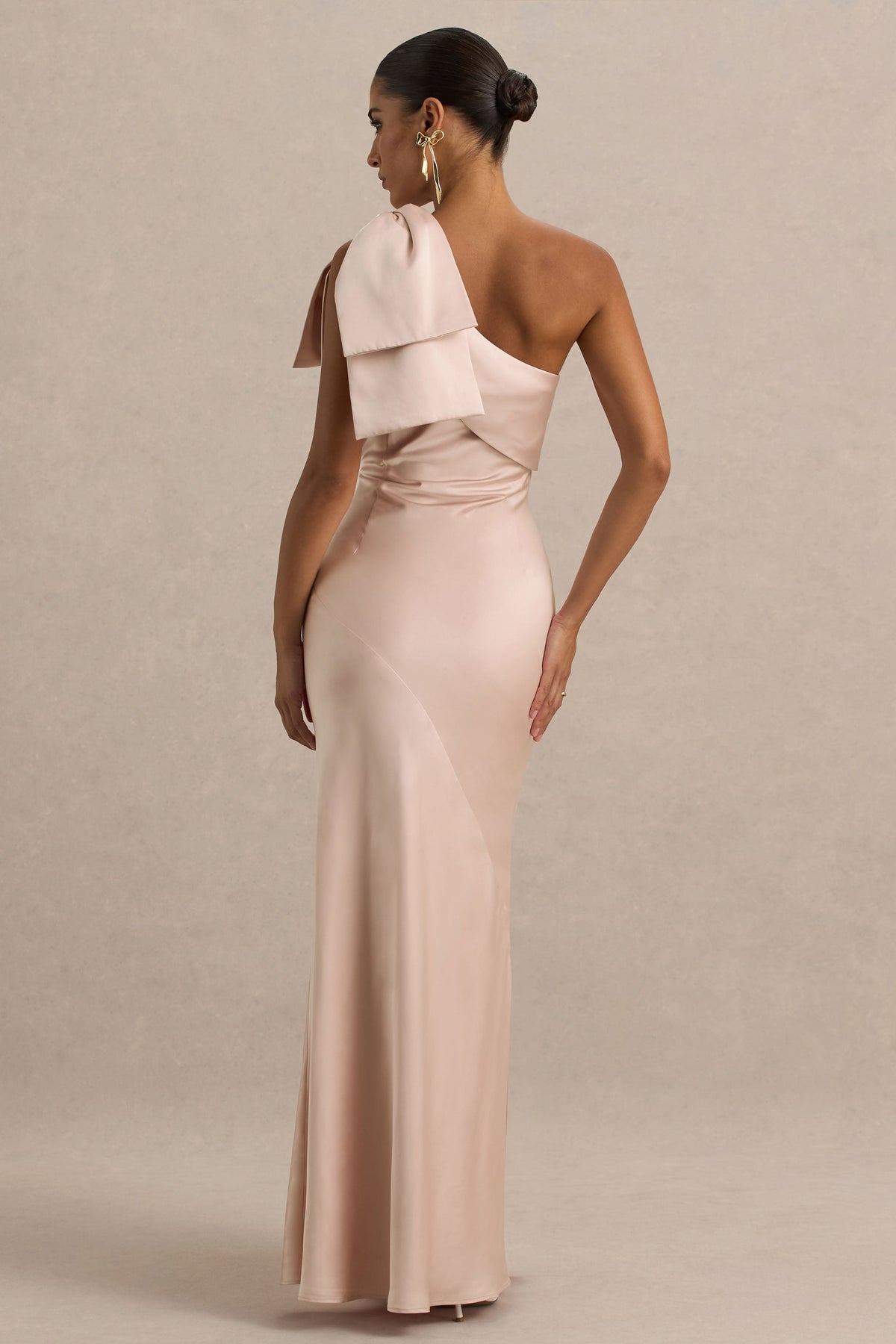 Valerie | Light Pink Satin Asymmetric-Neck Maxi Dress With Bow Detail