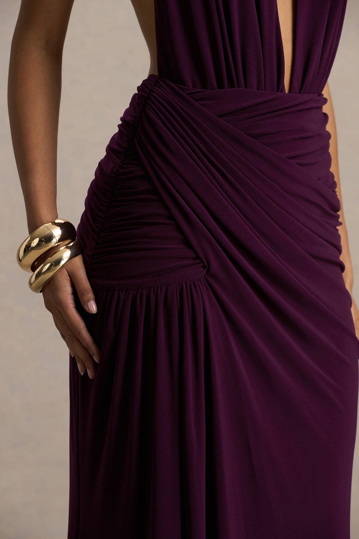 Tilly | Burgundy Jersey Ruched Plunge Wrap Maxi Dress With Open Back And Split