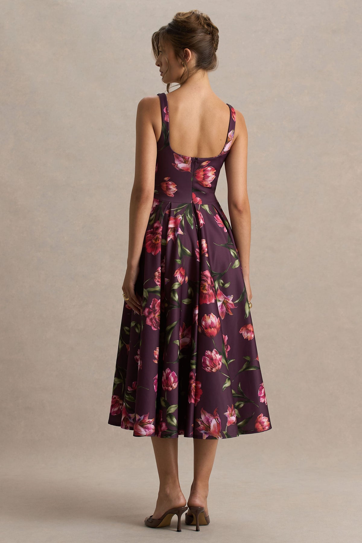 Berta | Burgundy Floral Print Scuba Square Neck A-Line Midi Dress