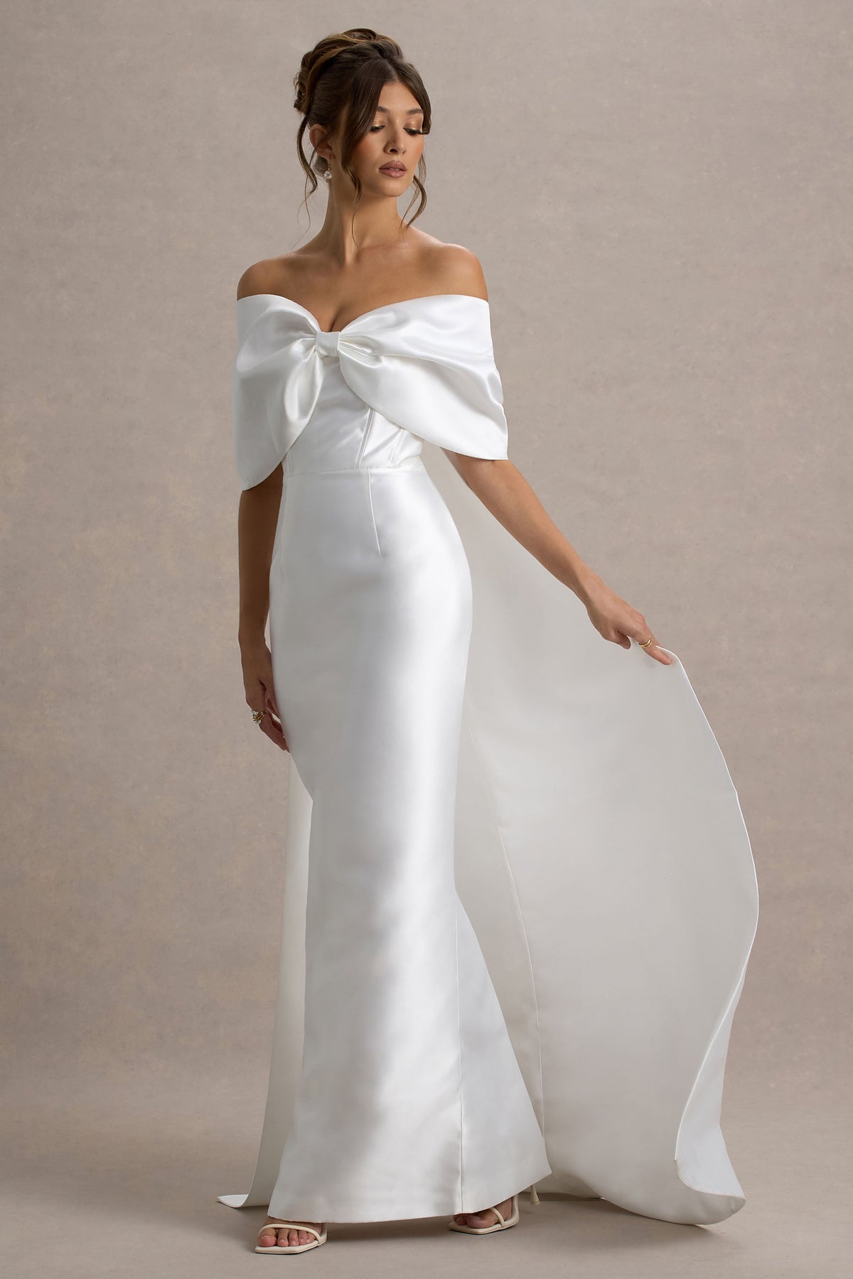 Wanting More | Off White Satin Cape Maxi Dress With Oversized Bow