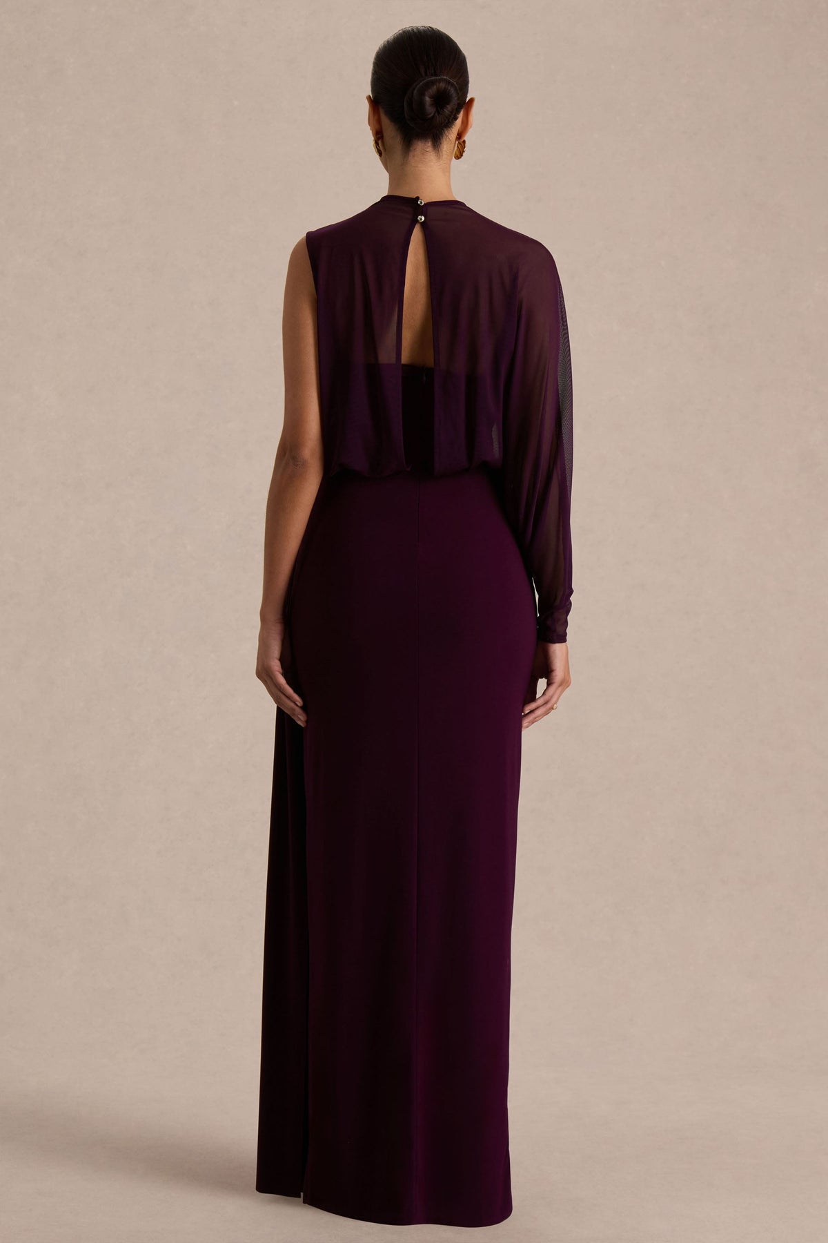Aurelia | Dark Plum High-Neck Wrapped Maxi Dress With One-Cape Sleeve