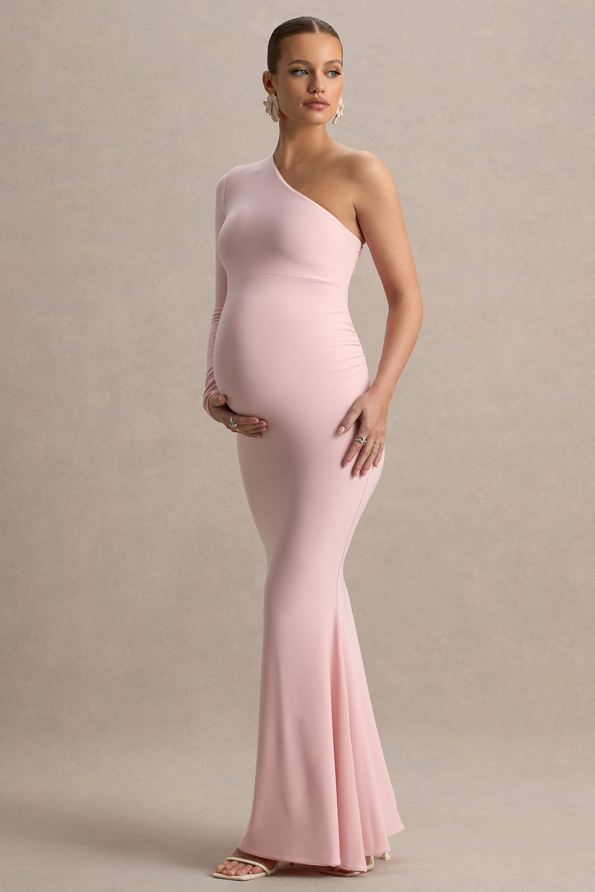 Heloise | Pink Asymmetric One-Sleeve Maternity Maxi Dress