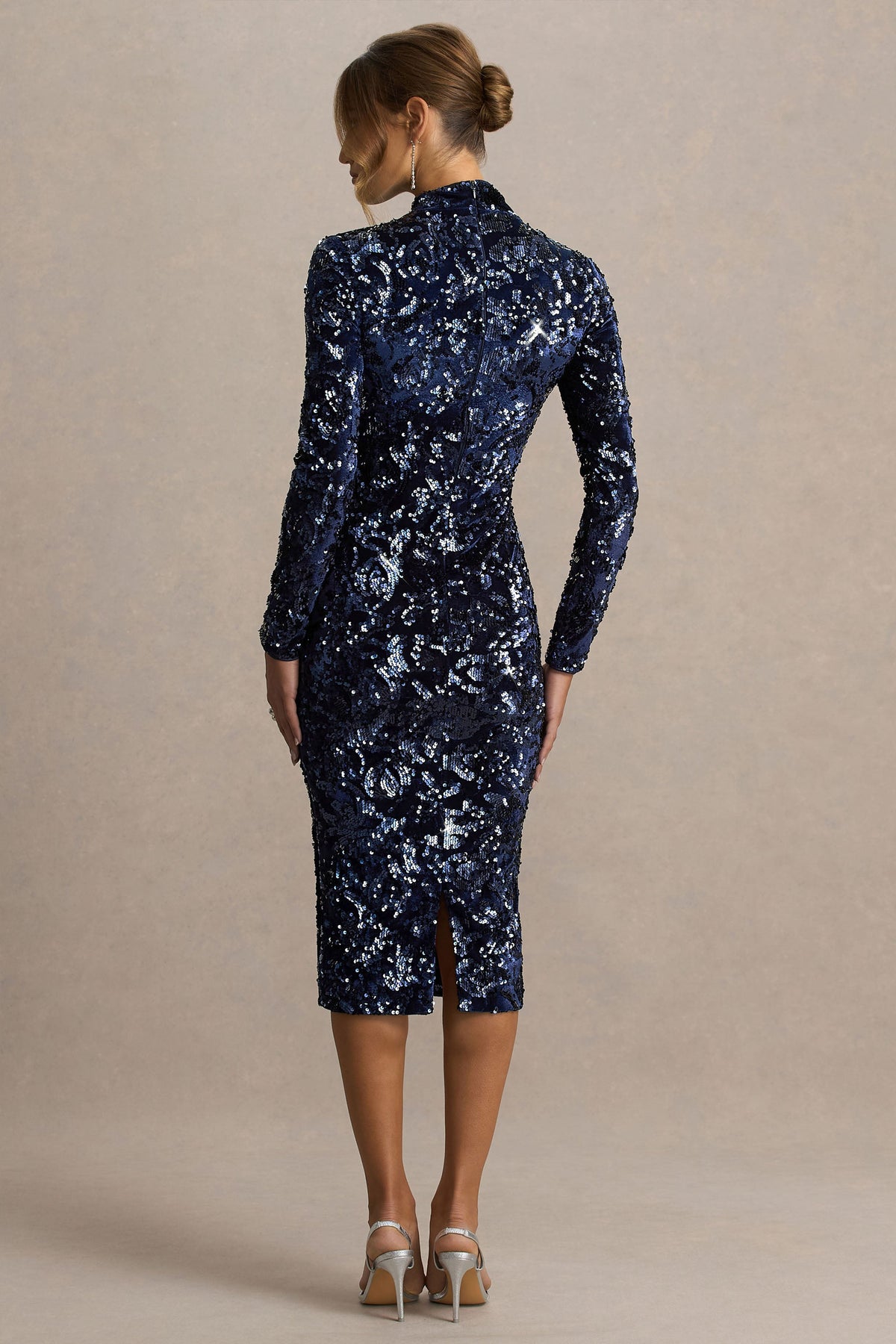Alanita | Navy Velvet And Sequin Embellished High-Neck Midi Dress With Long Sleeves