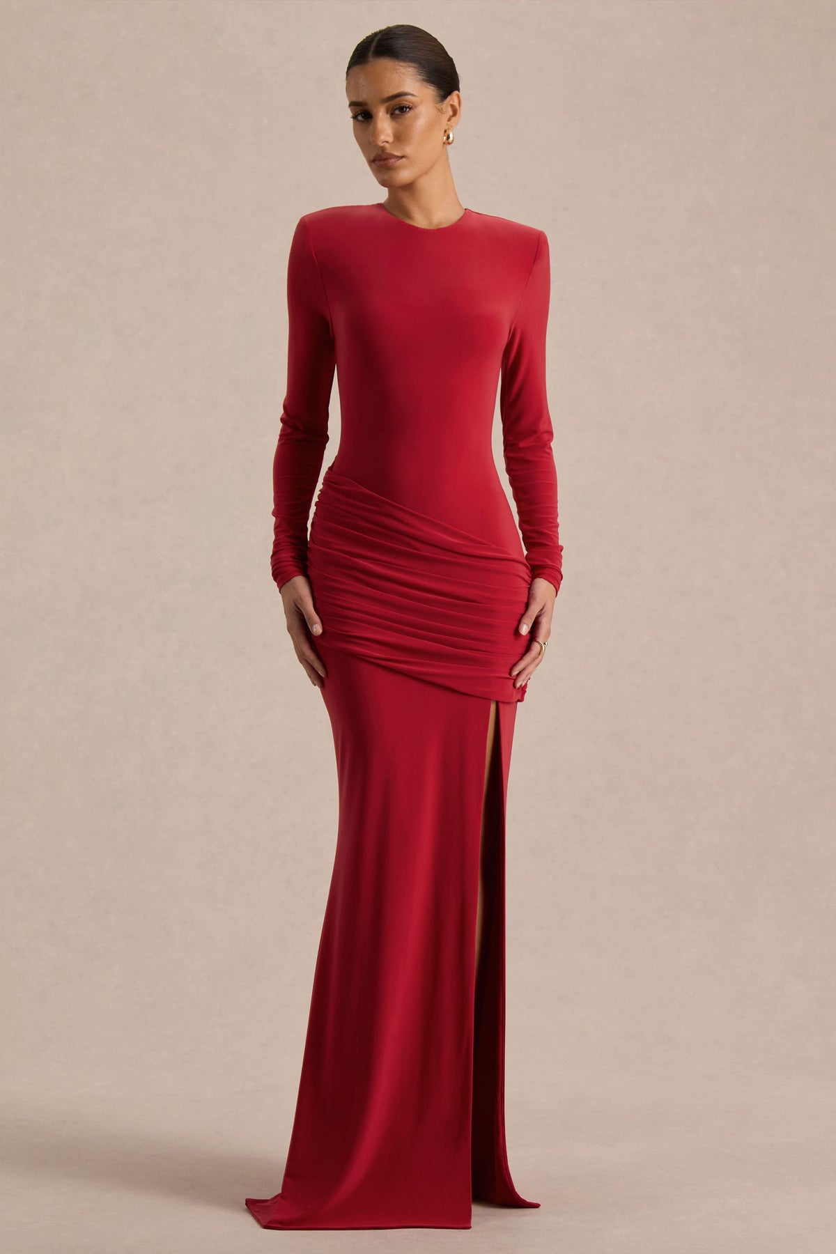Liora | Red Crew-Neck Maxi Dress With Front-High Split