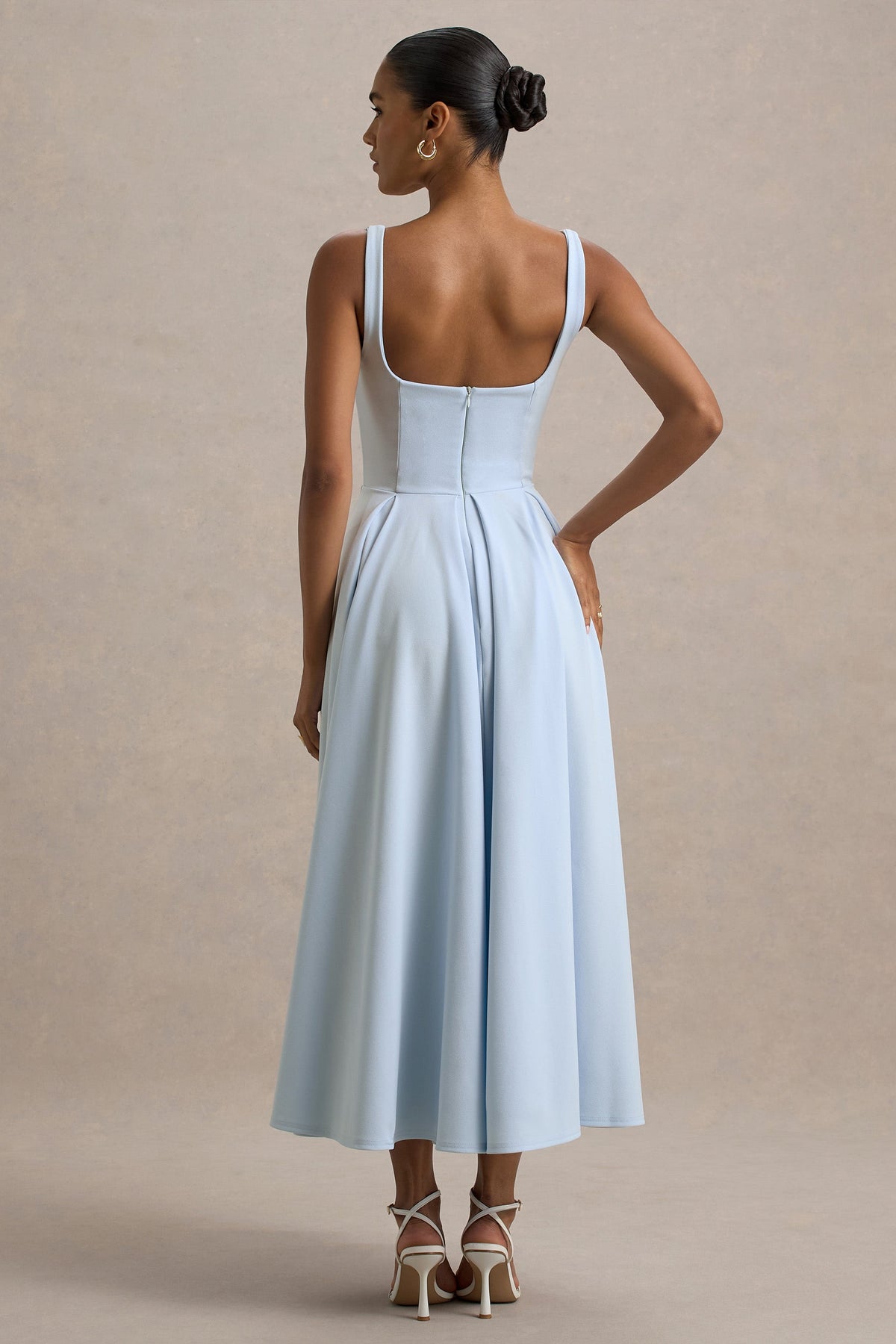 Parina | Powder Blue Scuba Square Neck A-Line Midi Dress