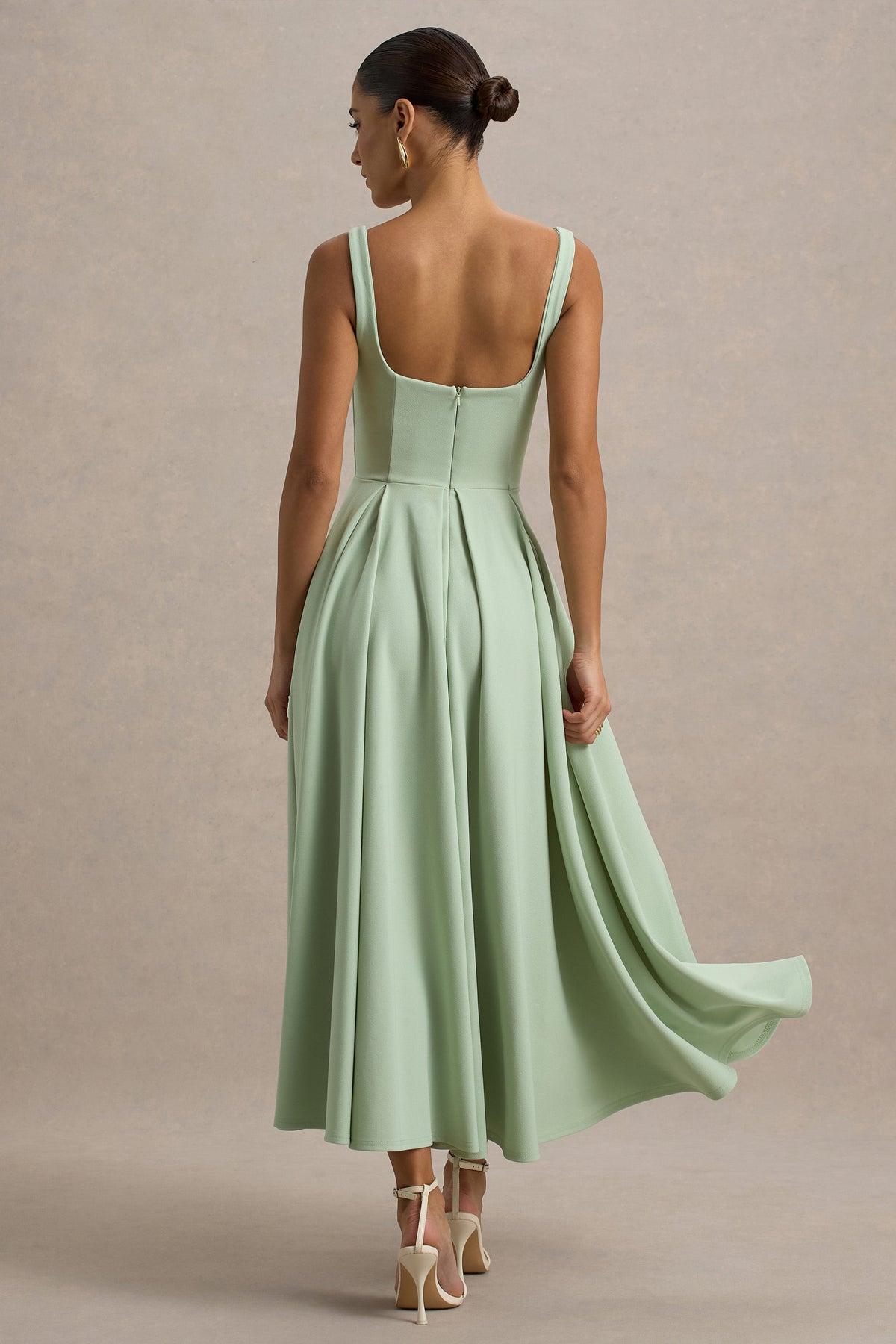 Parina | Light Green Scuba Square Neck A-Line Midi Dress
